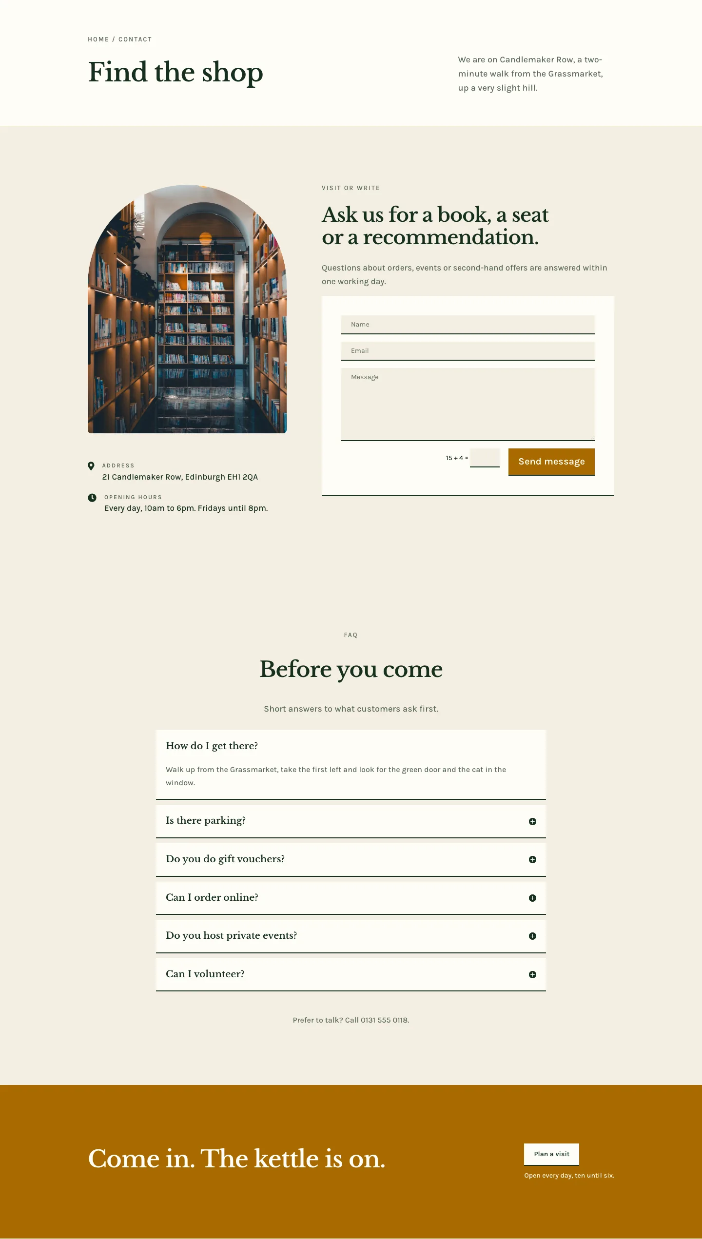 Folio & Fable — Elegant Bookshop Contact Page for Divi 5, Bookshop Full Landing layout built with Divi 5