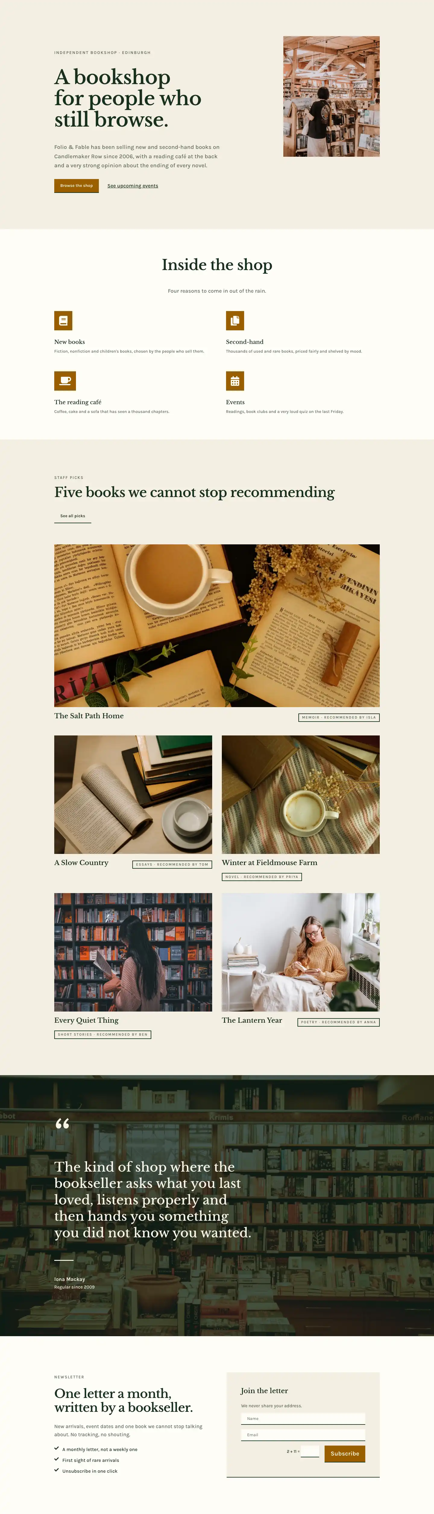 Folio & Fable — Elegant Bookshop Home Page for Divi 5, Bookshop Full Landing layout built with Divi 5