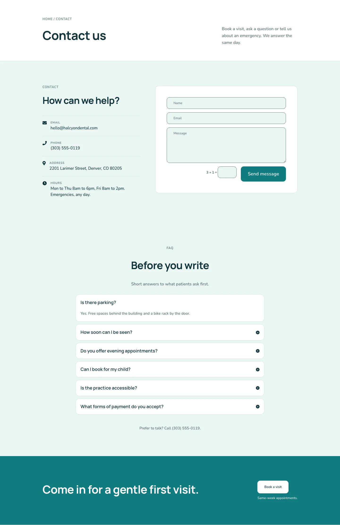 Halcyon Dental — Minimal Dental Contact Page for Divi 5, Dental Full Landing layout built with Divi 5
