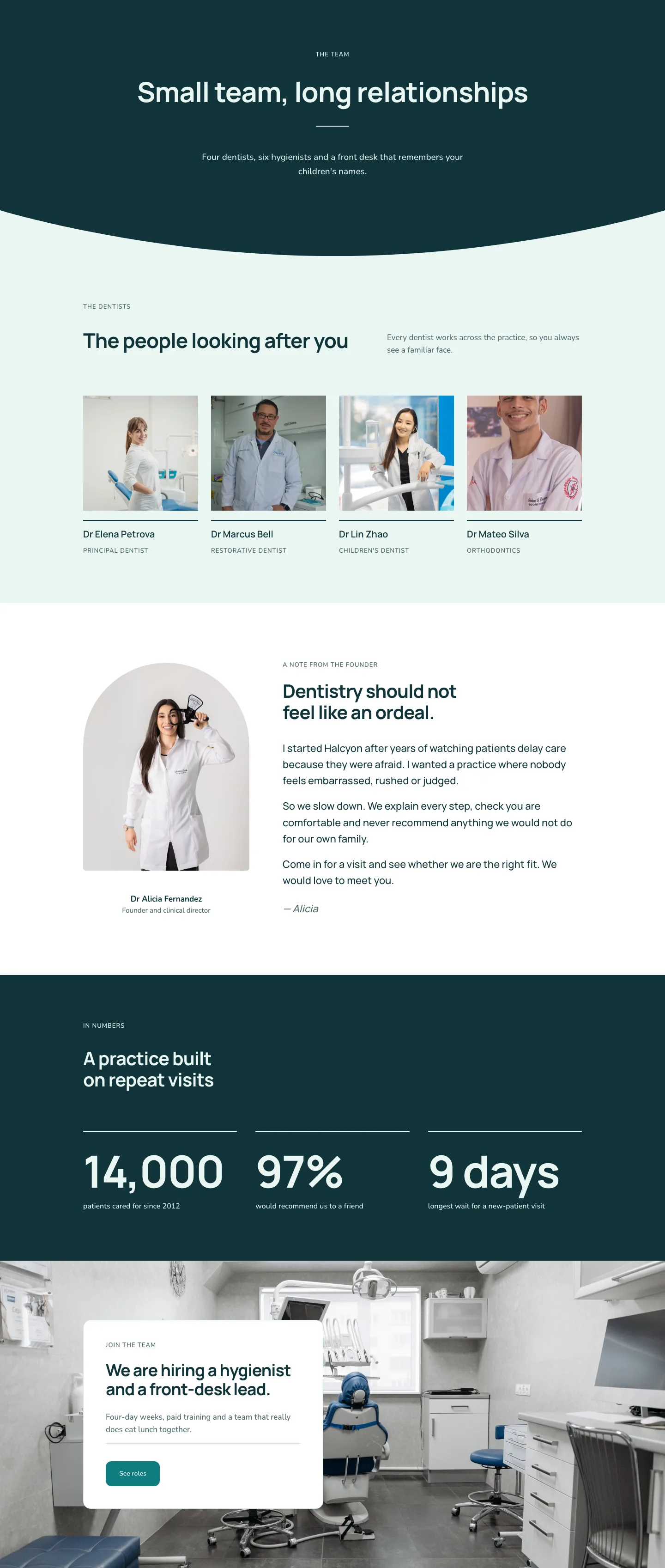 Halcyon Dental — Minimal Dental The Team Page for Divi 5, Dental Full Landing layout built with Divi 5