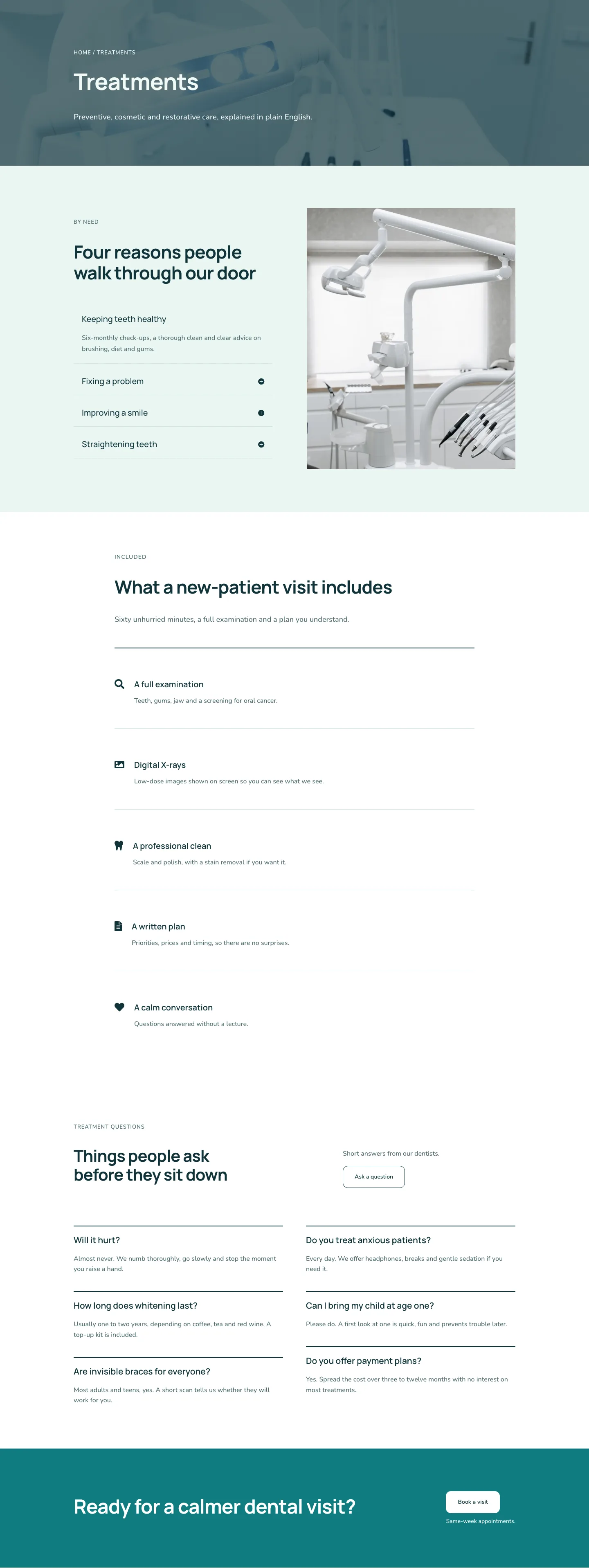 Halcyon Dental — Minimal Dental Treatments Page for Divi 5, Dental Full Landing layout built with Divi 5