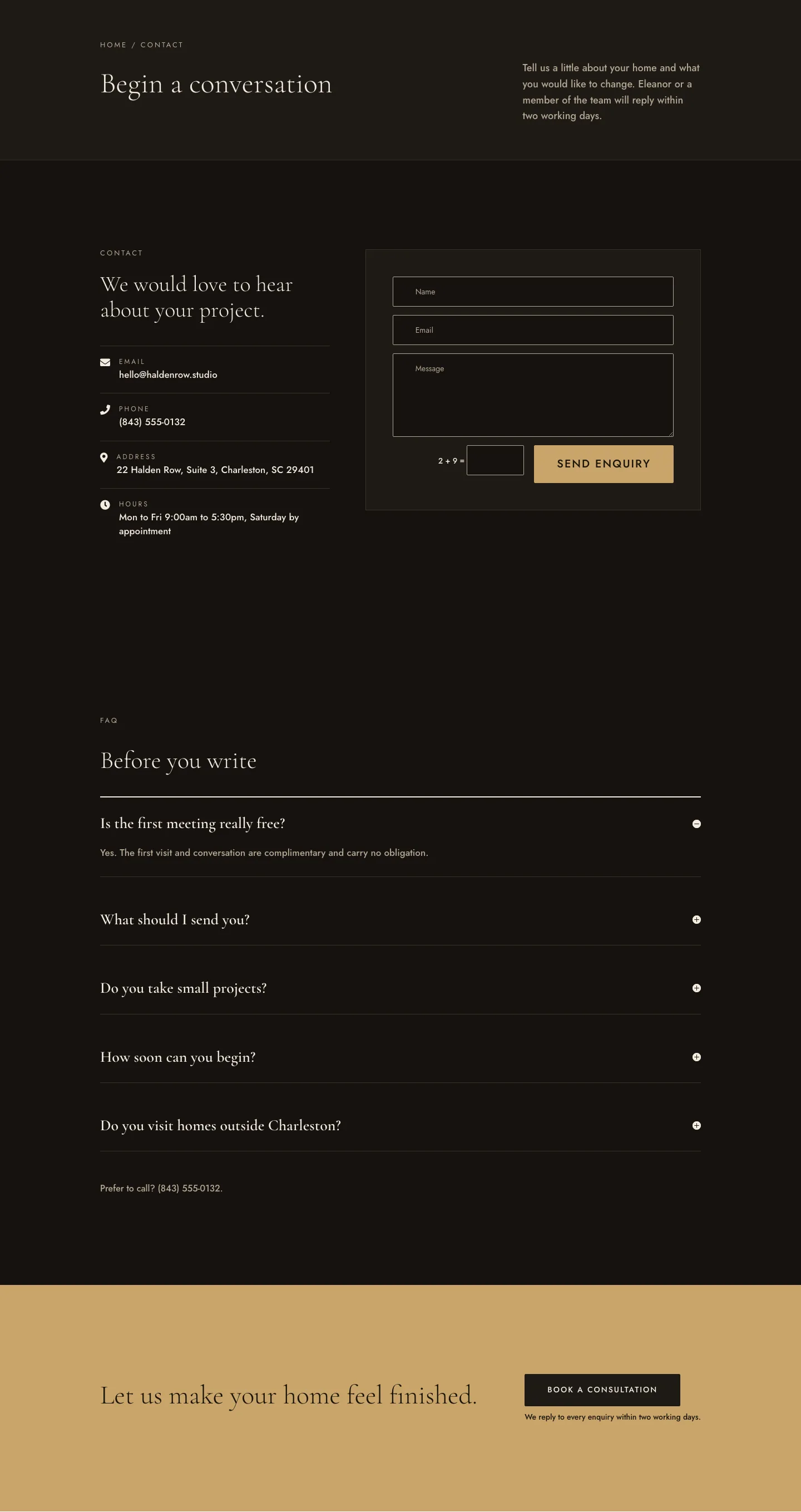 Halden Row Interiors — Luxe Interior_design Contact Page for Divi 5, Interior Design Full Landing layout built with Divi 5, desktop screenshot