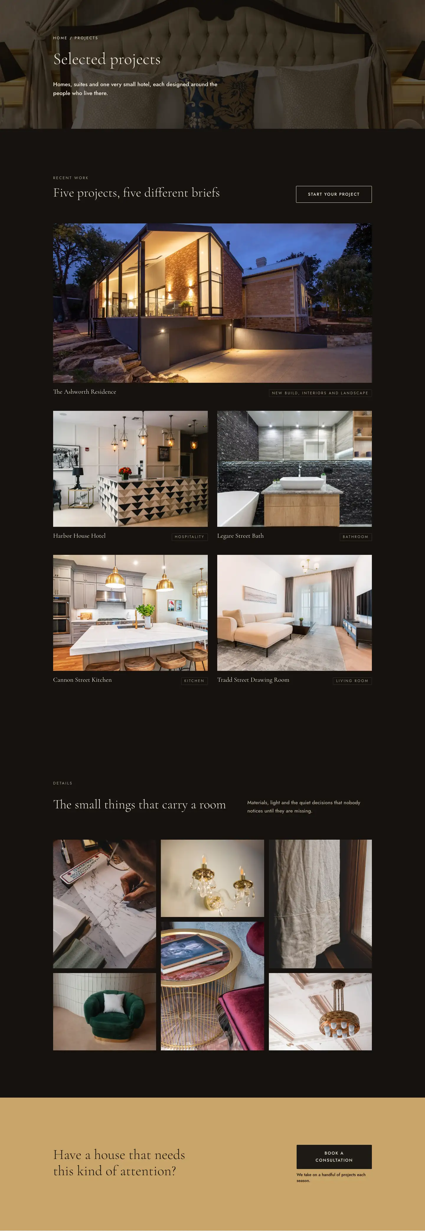 Halden Row Interiors — Luxe Interior_design Projects Page for Divi 5, Interior Design Full Landing layout built with Divi 5, desktop screenshot