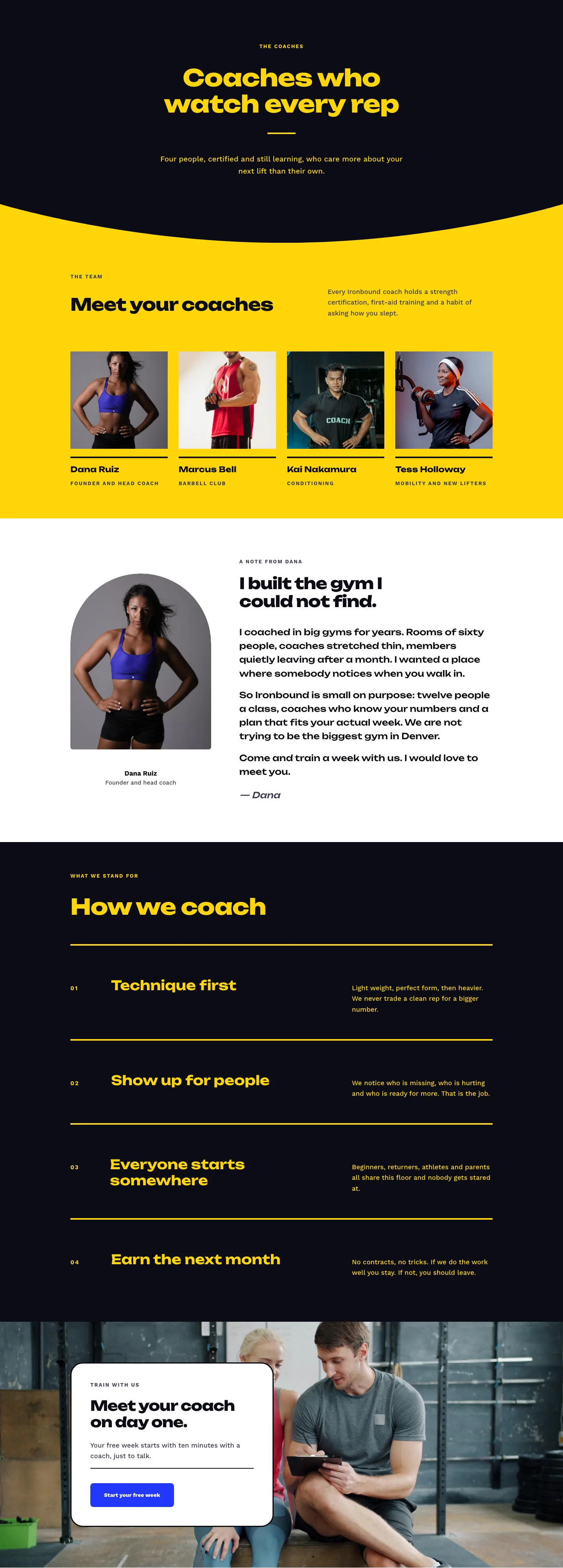 Ironbound Strength Co. — Bold Fitness Coaches Page for Divi 5, Fitness Full Landing layout built with Divi 5, desktop screenshot