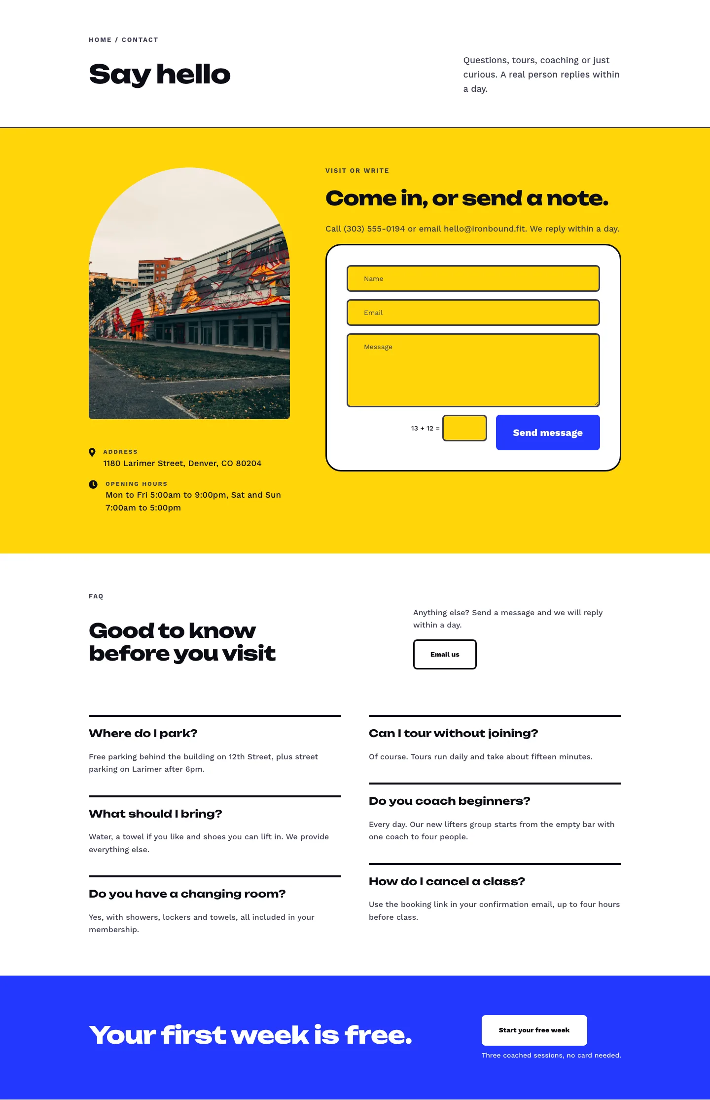 Ironbound Strength Co. — Bold Fitness Contact Page for Divi 5, Fitness Full Landing layout built with Divi 5, desktop screenshot