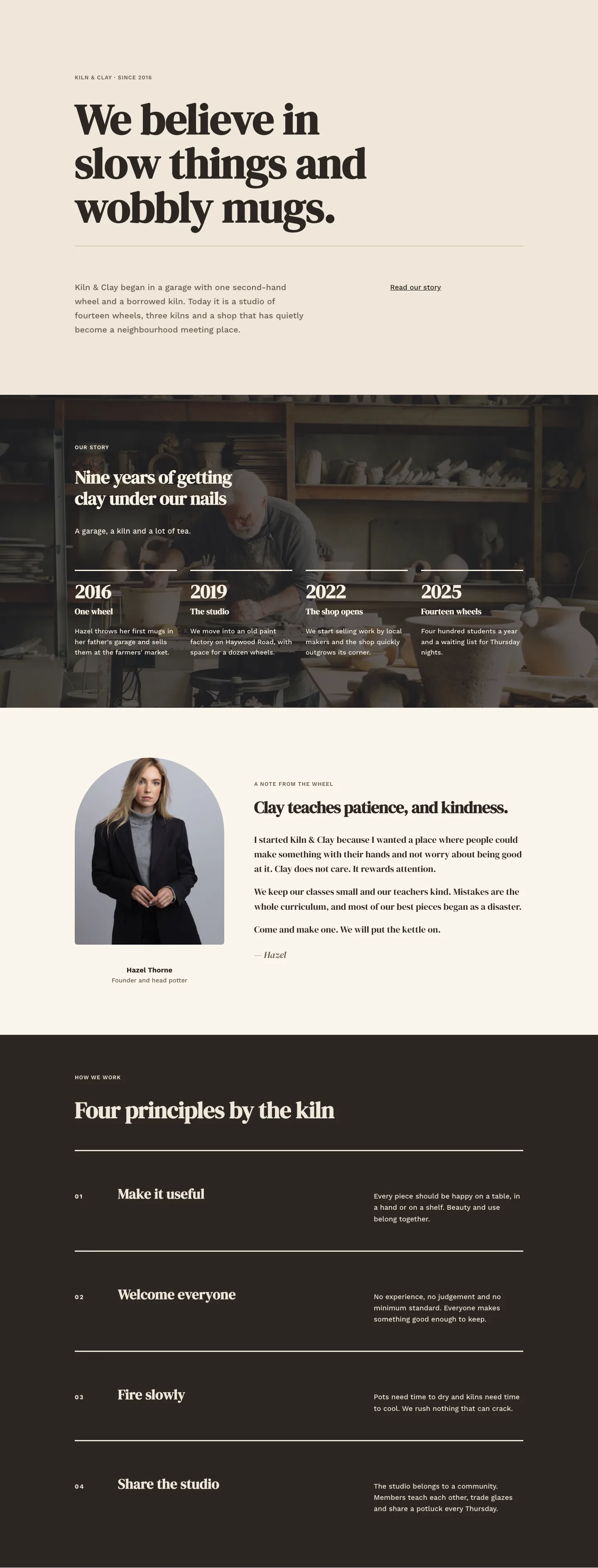 Kiln & Clay — Minimal Pottery_studio Our Story Page for Divi 5, Pottery Studio Full Landing layout built with Divi 5