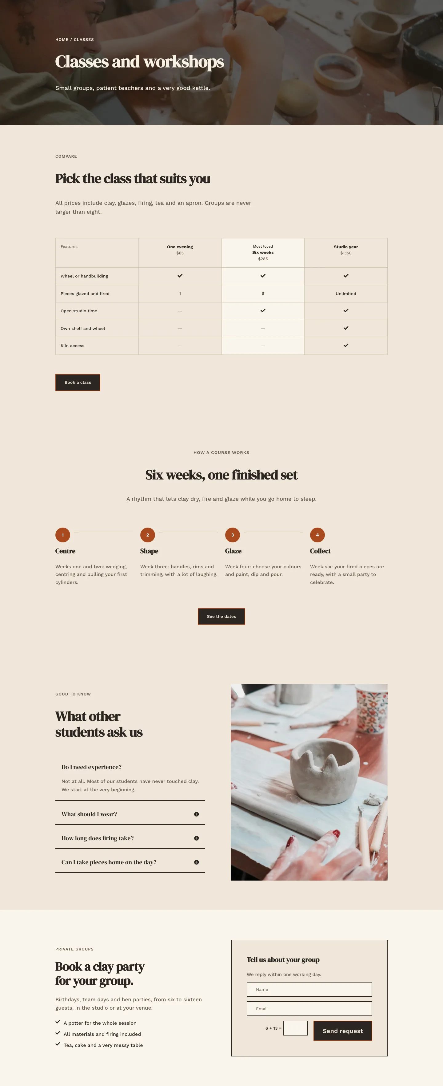 Kiln & Clay — Minimal Pottery_studio Classes Page for Divi 5, Pottery Studio Full Landing layout built with Divi 5