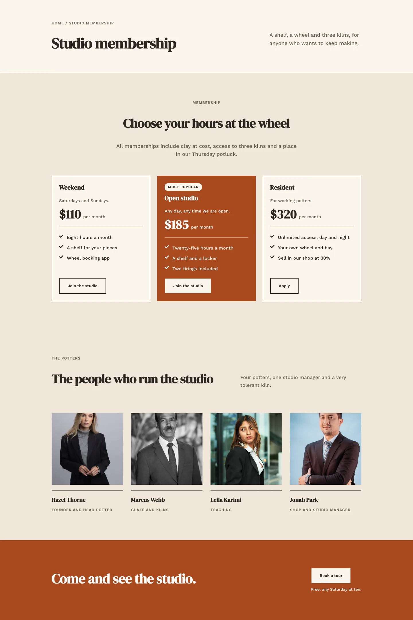 Kiln & Clay — Minimal Pottery_studio Studio Membership Page for Divi 5, Pottery Studio Full Landing layout built with Divi 5