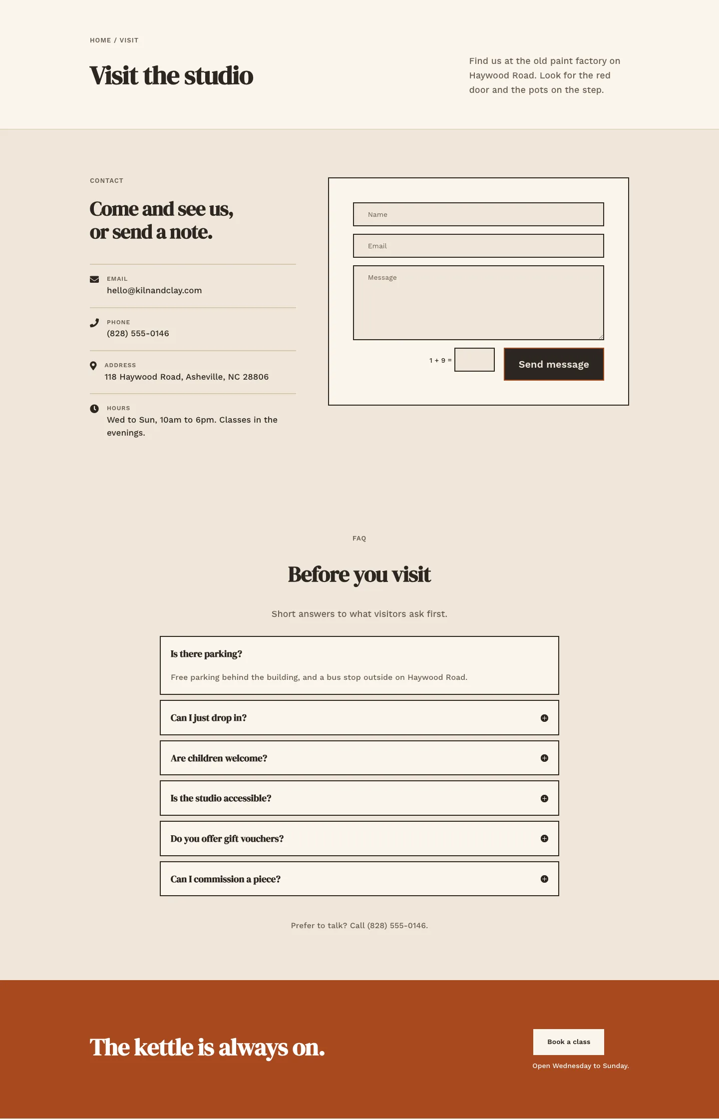 Kiln & Clay — Minimal Pottery_studio Visit Page for Divi 5, Pottery Studio Full Landing layout built with Divi 5