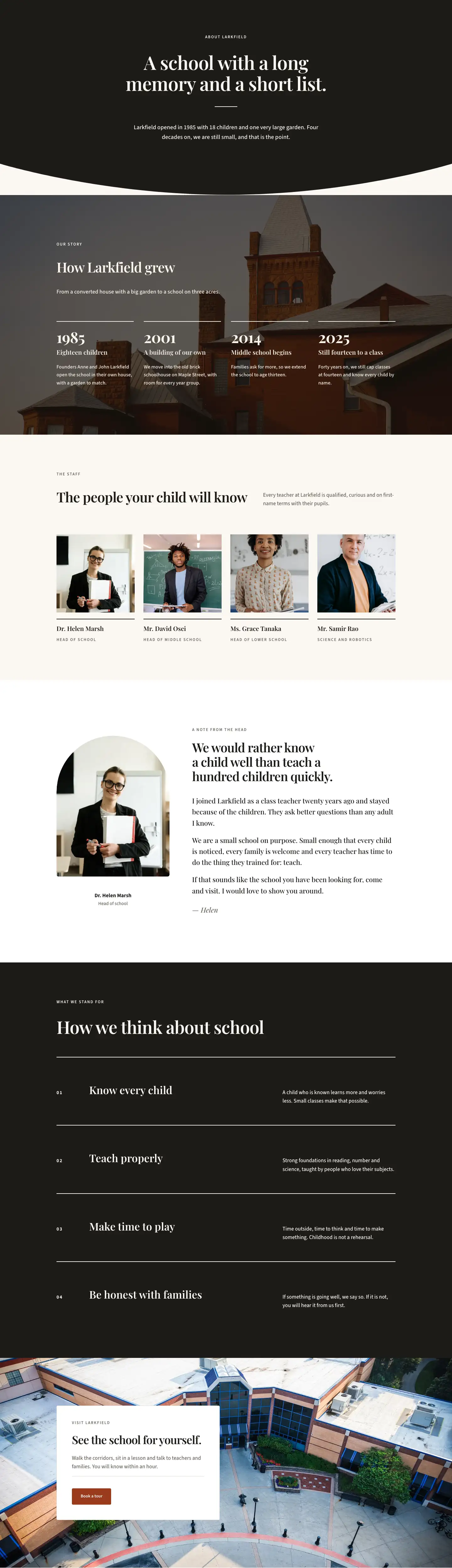 Larkfield Day School — Editorial Education About Page for Divi 5, Education Full Landing layout built with Divi 5, desktop screenshot