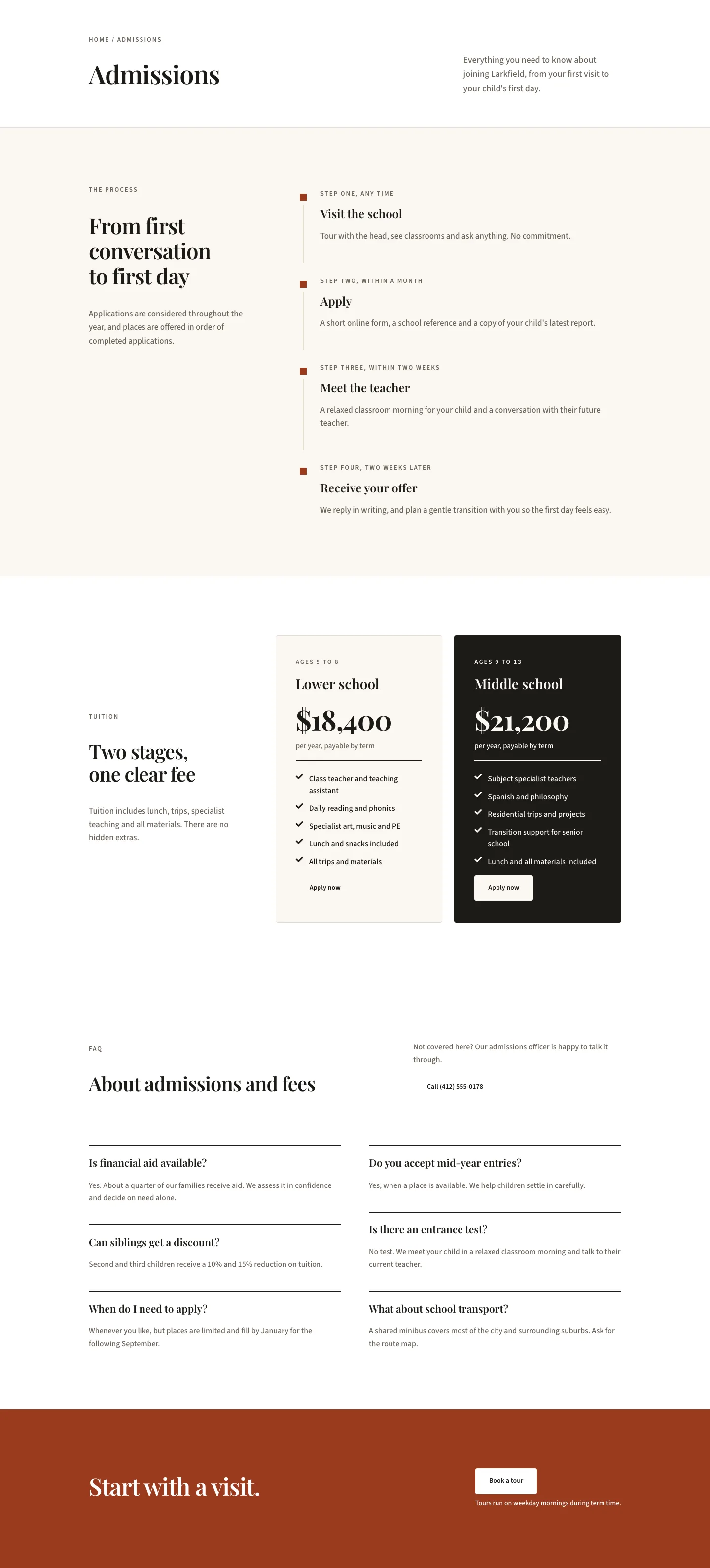 Larkfield Day School — Editorial Education Admissions Page for Divi 5, Education Full Landing layout built with Divi 5, desktop screenshot