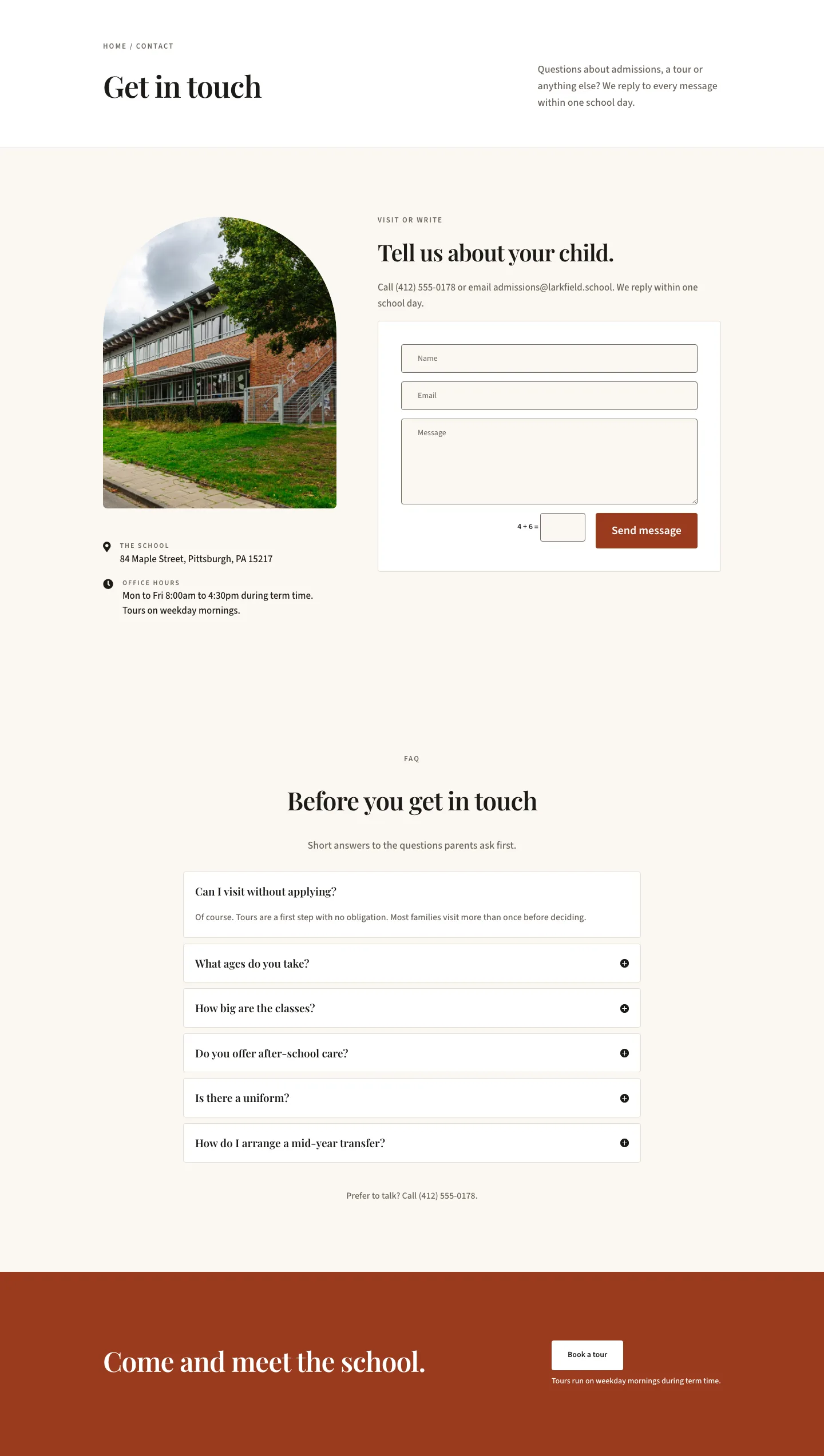 Larkfield Day School — Editorial Education Contact Page for Divi 5, Education Full Landing layout built with Divi 5, desktop screenshot