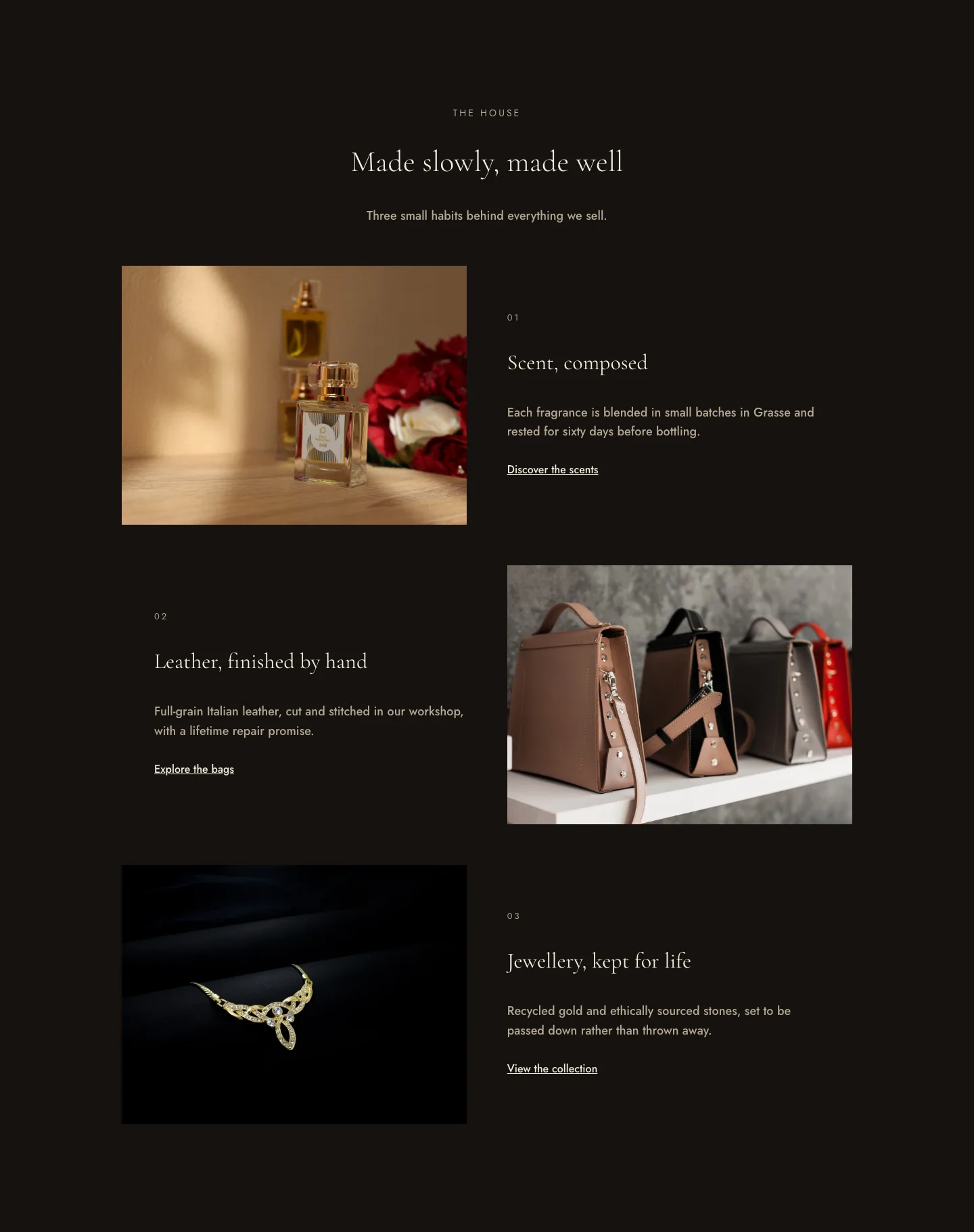 Luxe Boutique Ecommerce Features Layout for Divi 5: Three Zigzag Rows, E-commerce Features layout built with Divi 5, desktop screenshot