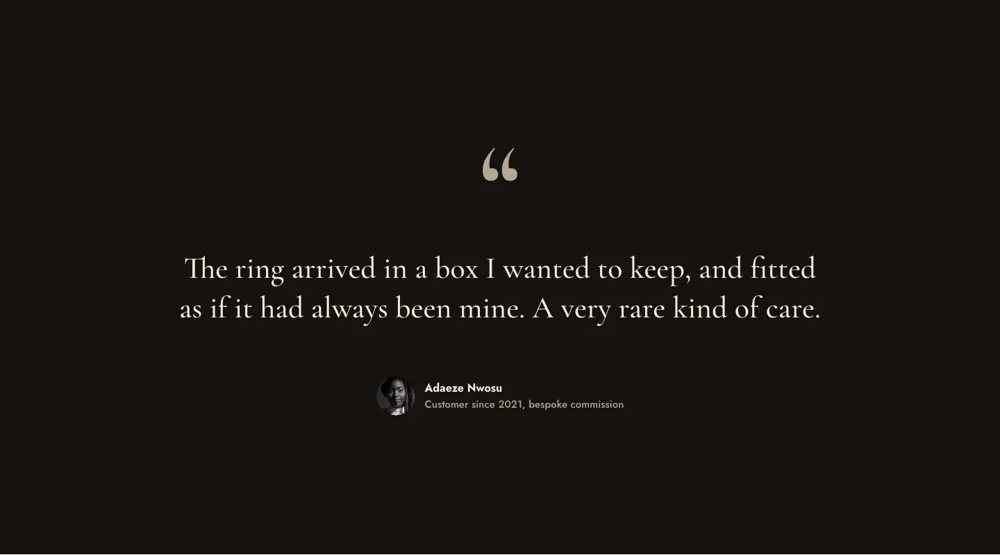 Luxe Boutique Jeweller Testimonial Layout for Divi 5: Large Single Quote, E-commerce Testimonials layout built with Divi 5, desktop screenshot