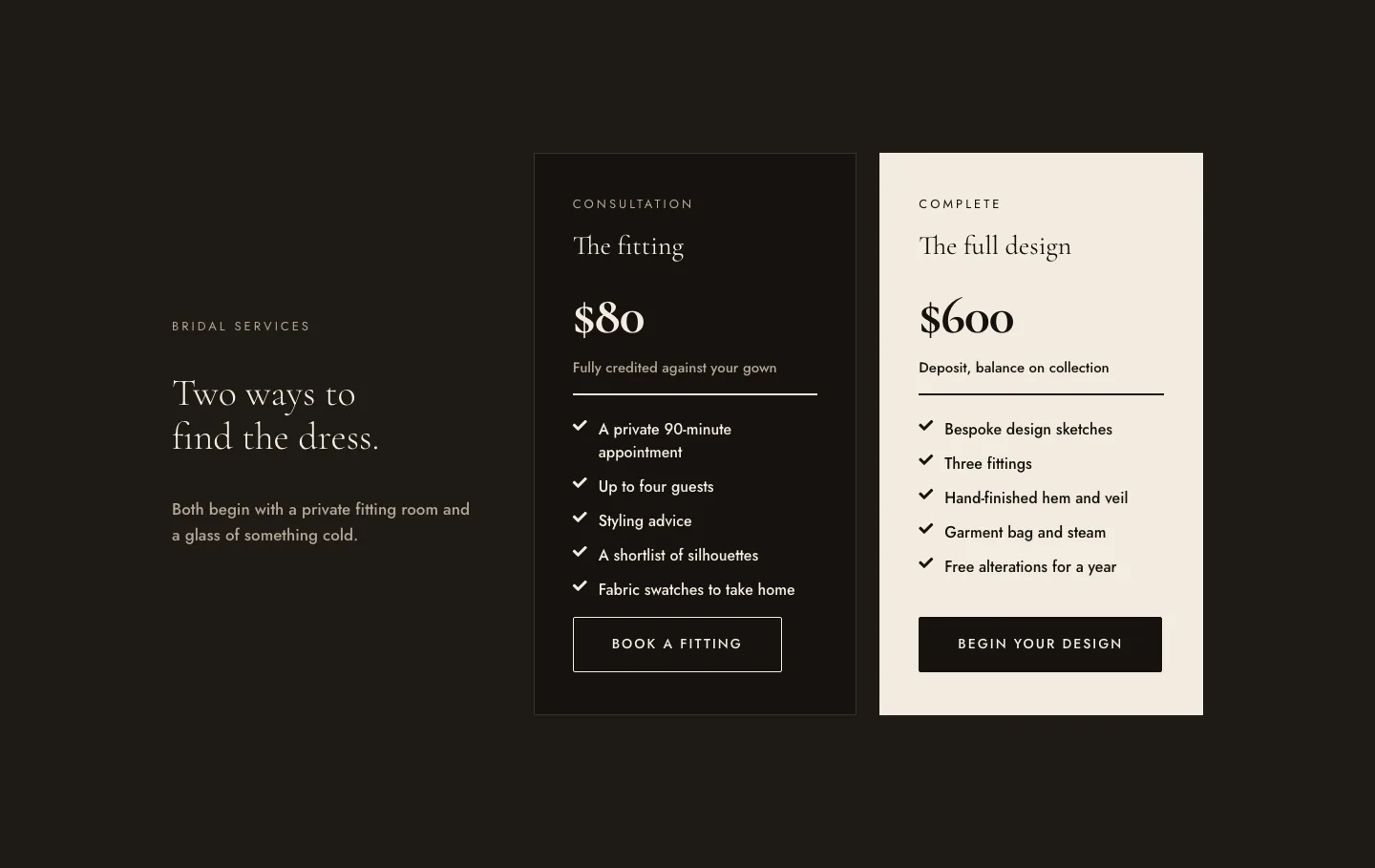 Luxe Bridal Boutique Pricing Section for Divi 5: Two-Plan Highlight, E-commerce Pricing layout built with Divi 5, desktop screenshot