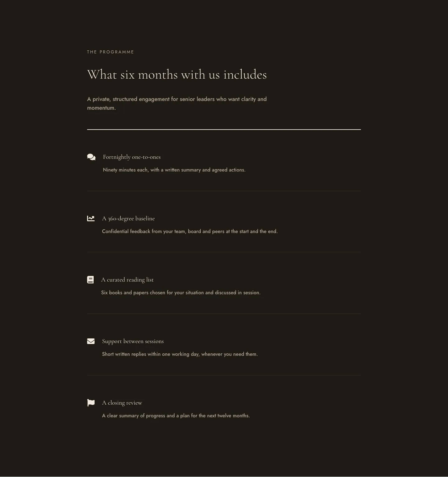 Luxe Executive Coaching Features Layout for Divi 5: Icon List with Dividers, Coaching Features layout built with Divi 5, desktop screenshot