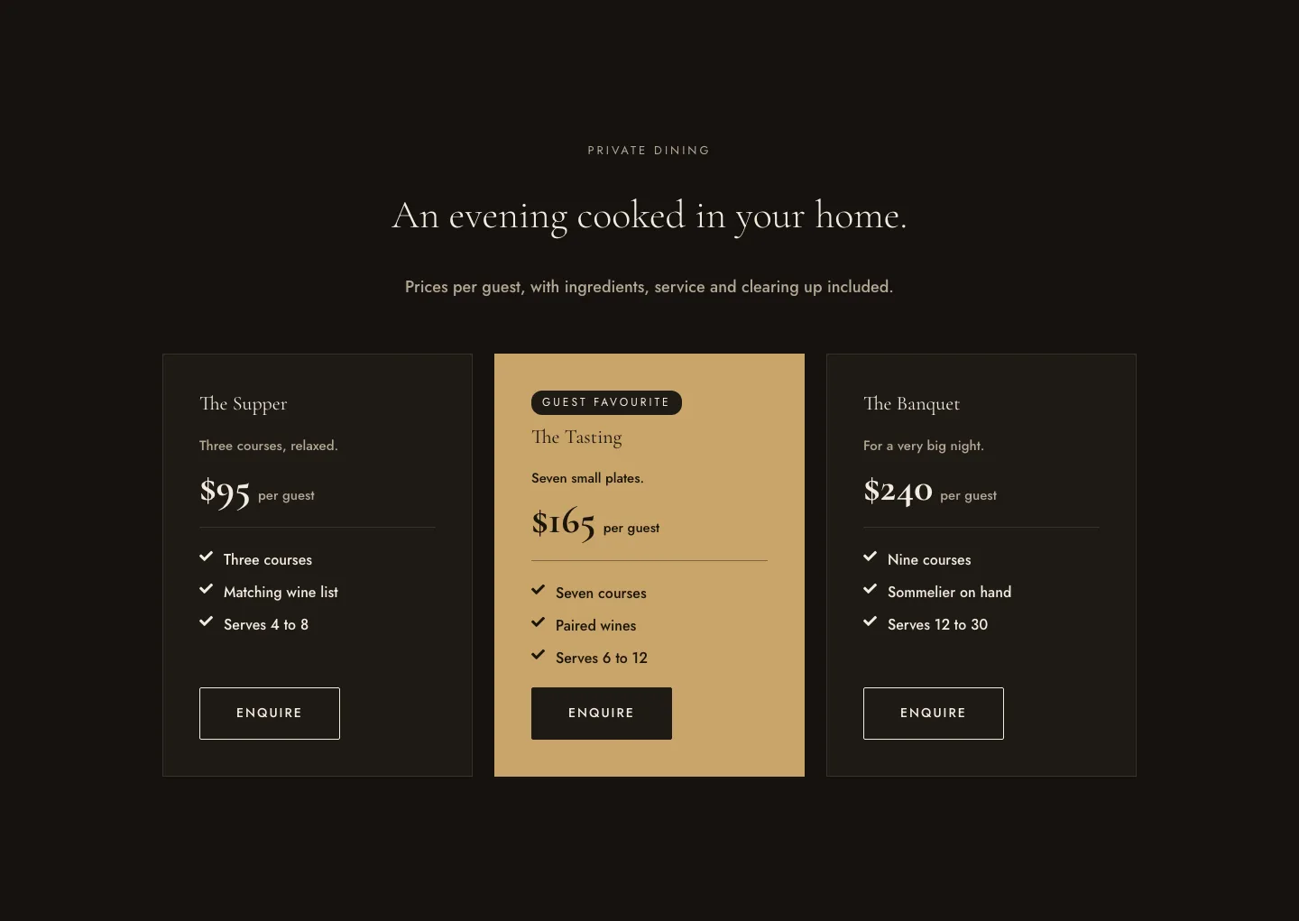 Luxe Private Chef Pricing Section for Divi 5: Three-Tier Dining Experiences, Restaurant Pricing layout built with Divi 5, desktop screenshot