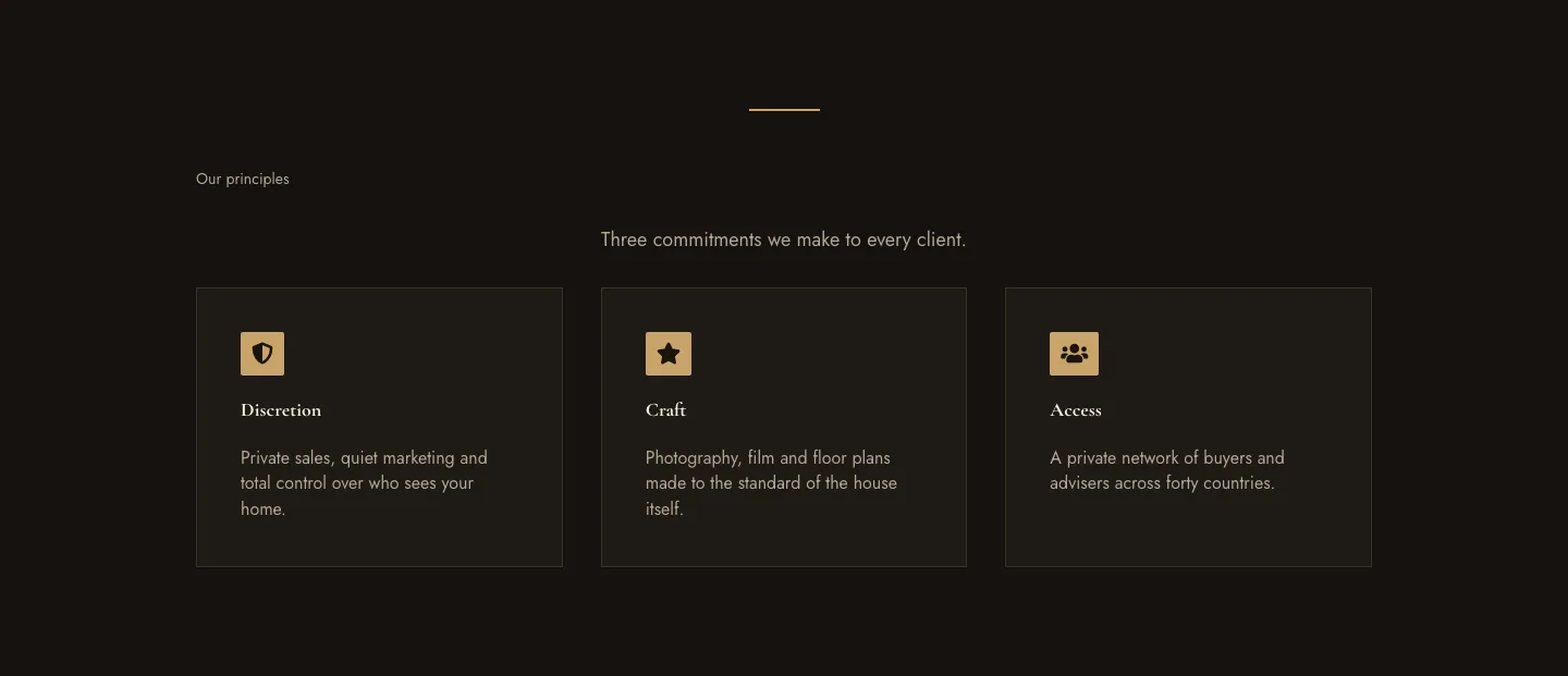 Luxe Private Estates Principles Features Layout for Divi 5: Three Icon Values, Real Estate Features layout built with Divi 5