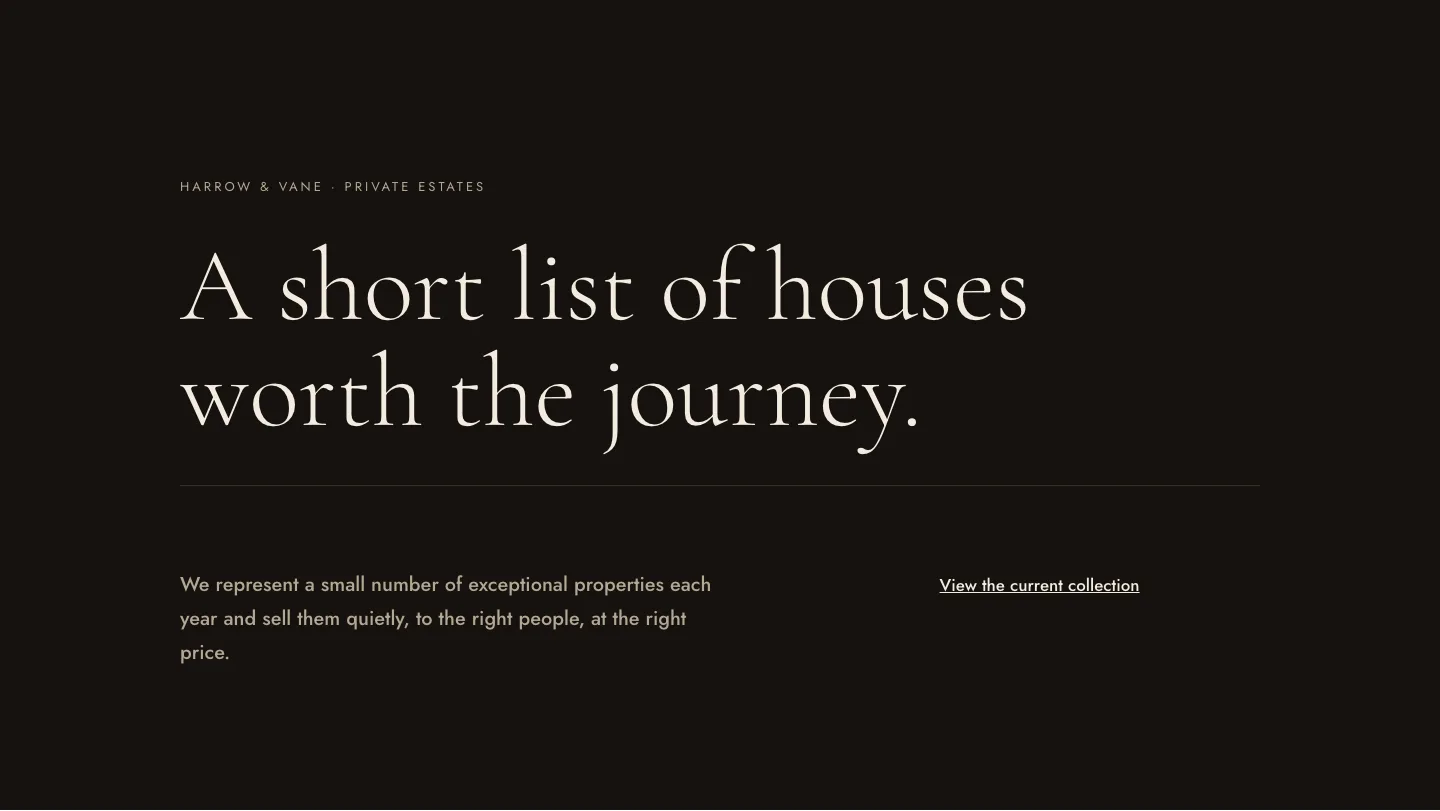 Luxe Private Estates Real Estate Hero for Divi 5: Editorial Minimal, Real Estate Hero layout built with Divi 5