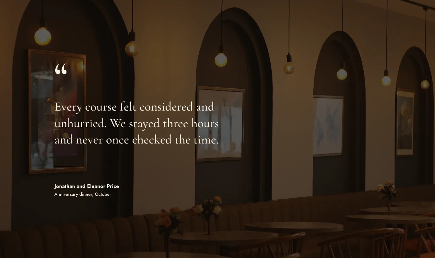 Luxe Restaurant Testimonial Layout for Divi 5: Quote Over Photo, Restaurant Testimonials layout built with Divi 5, desktop screenshot