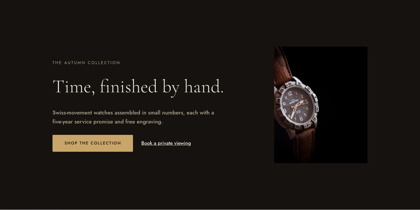 Luxe Watch Ecommerce Hero Section for Divi 5: Elegant Split Layout, E-commerce Hero layout built with Divi 5, desktop screenshot