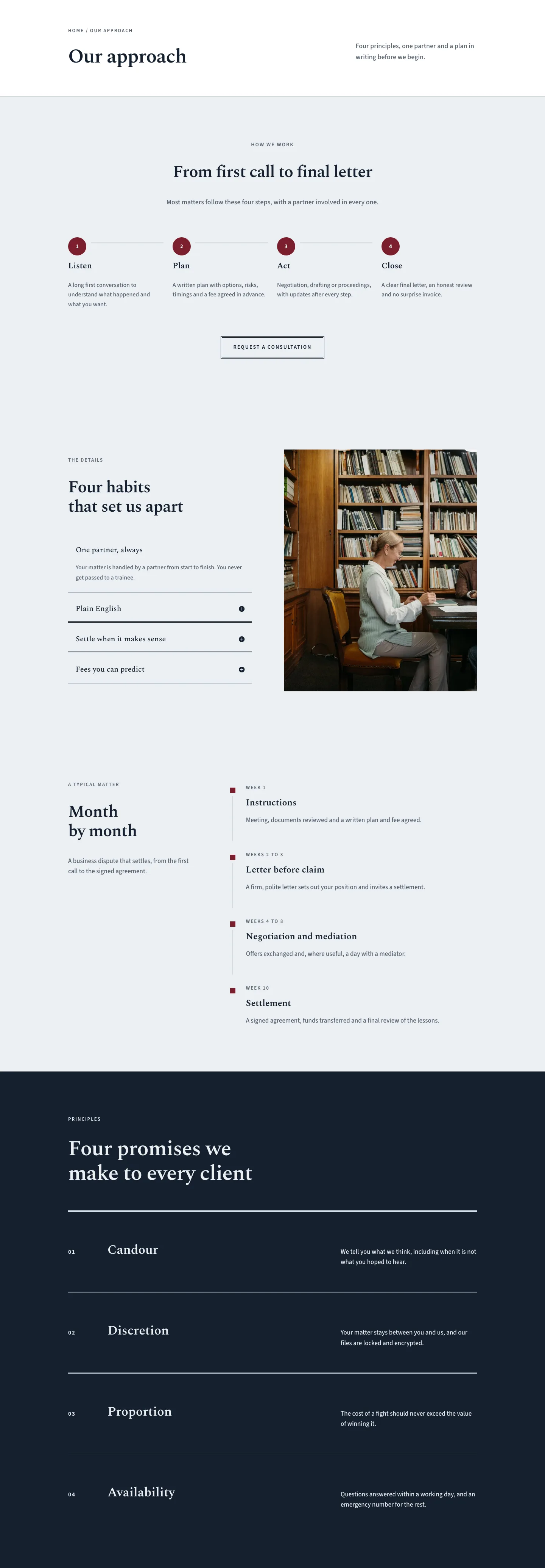 Marlowe & Finch — Elegant Law_firm Our Approach Page for Divi 5, Law Firm Full Landing layout built with Divi 5