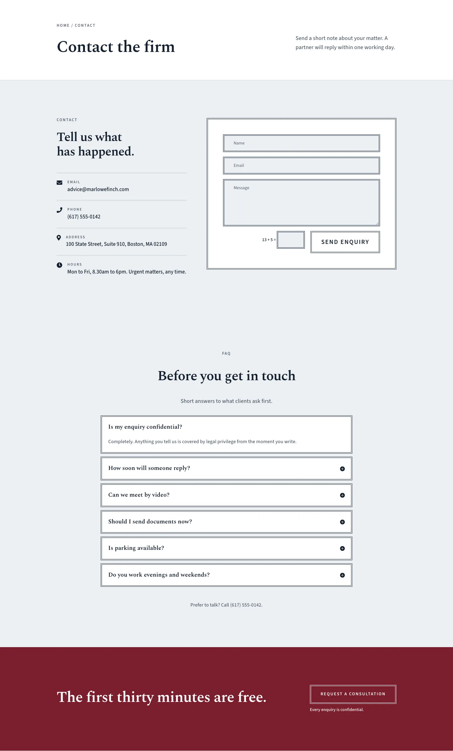 Marlowe & Finch — Elegant Law_firm Contact Page for Divi 5, Law Firm Full Landing layout built with Divi 5