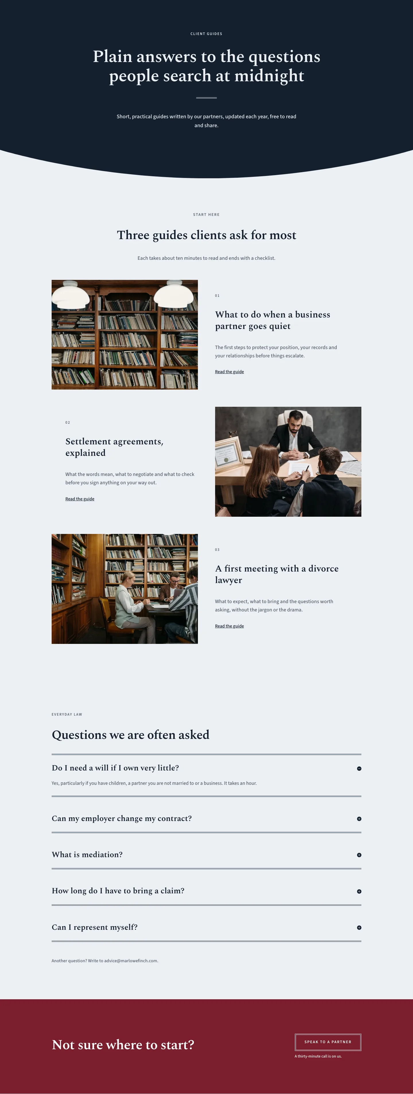 Marlowe & Finch — Elegant Law_firm Client Guides Page for Divi 5, Law Firm Full Landing layout built with Divi 5