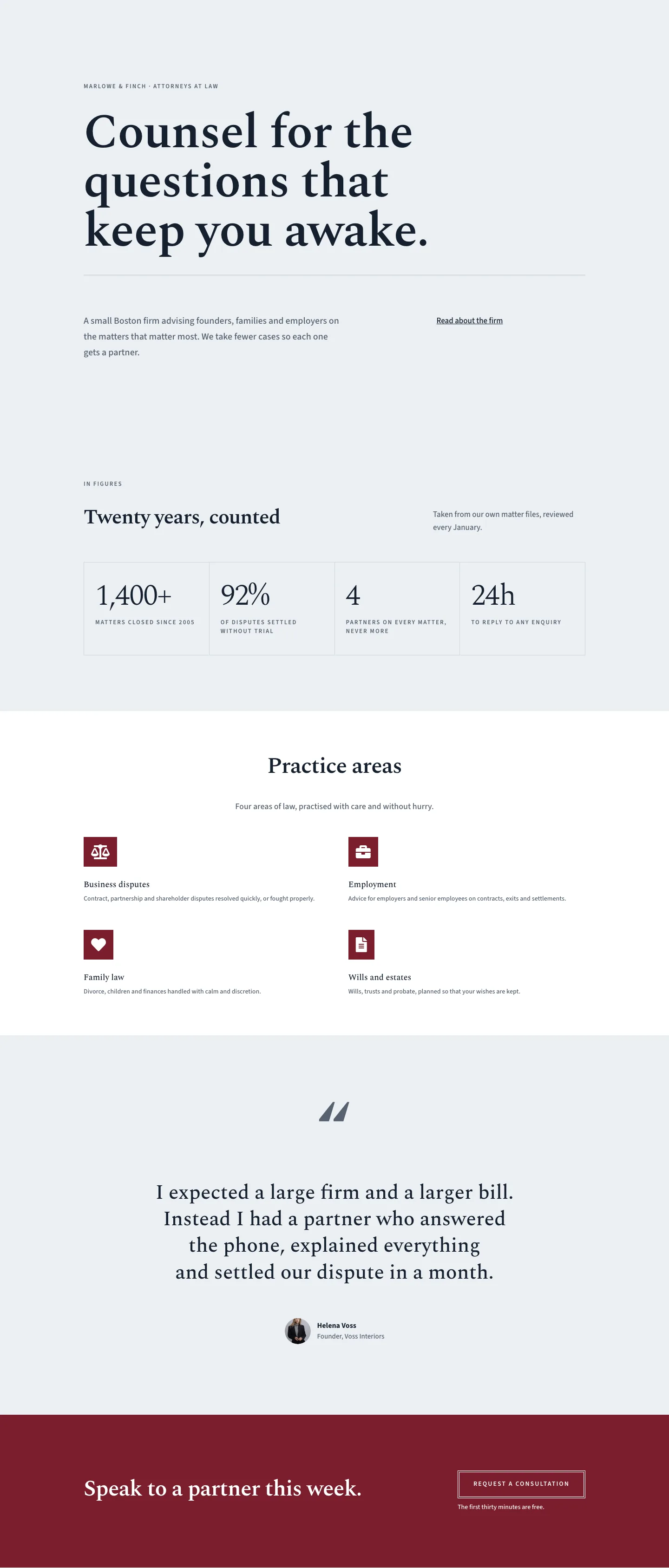 Marlowe & Finch — Elegant Law_firm Home Page for Divi 5, Law Firm Full Landing layout built with Divi 5