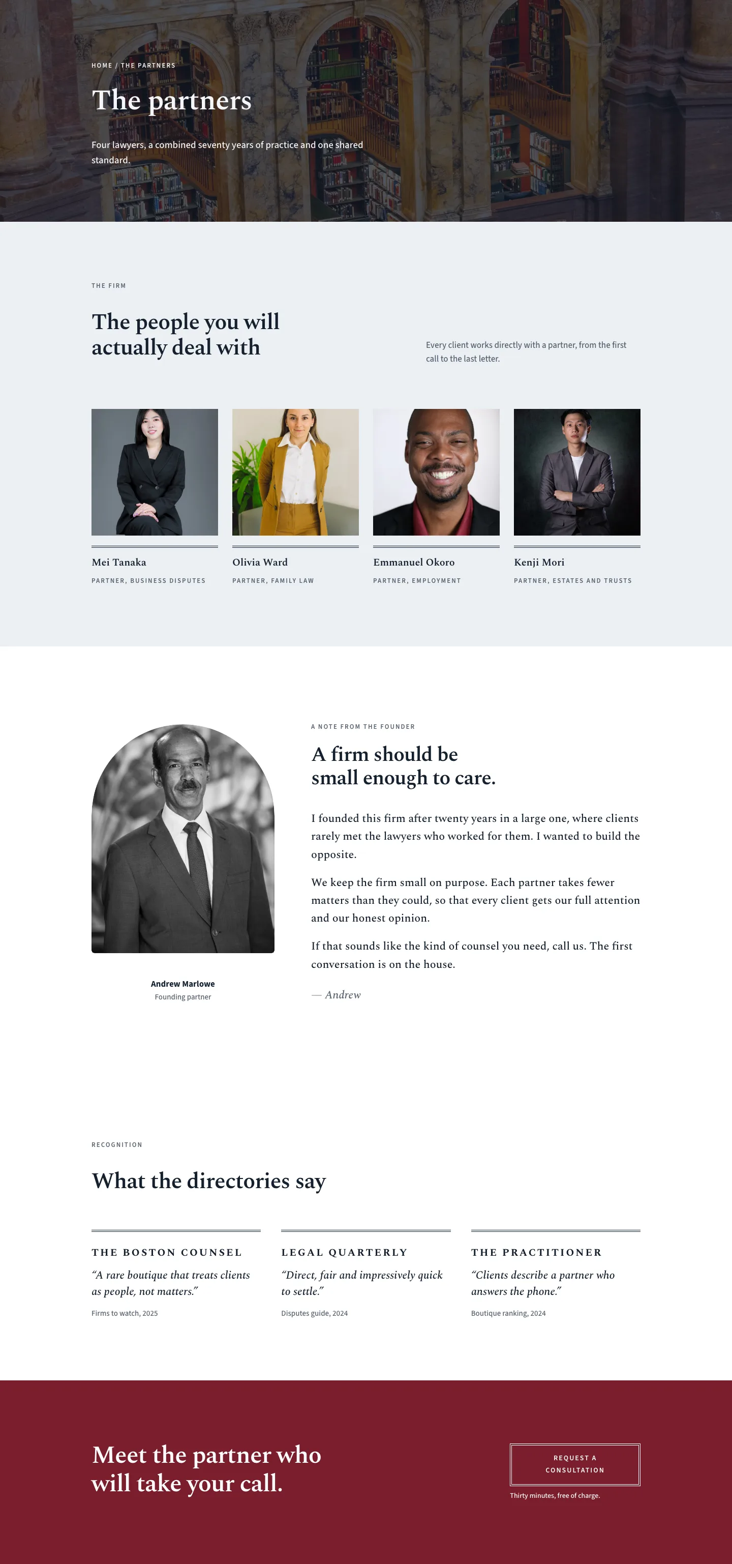 Marlowe & Finch — Elegant Law_firm The Partners Page for Divi 5, Law Firm Full Landing layout built with Divi 5