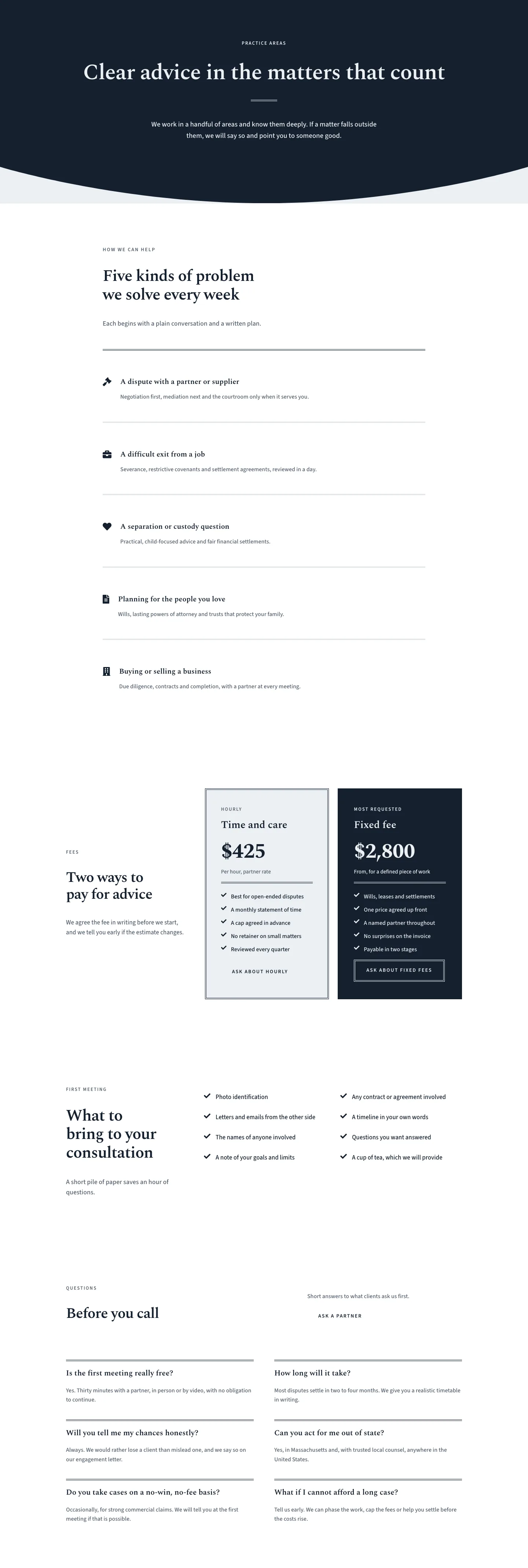Marlowe & Finch — Elegant Law_firm Practice Areas Page for Divi 5, Law Firm Full Landing layout built with Divi 5