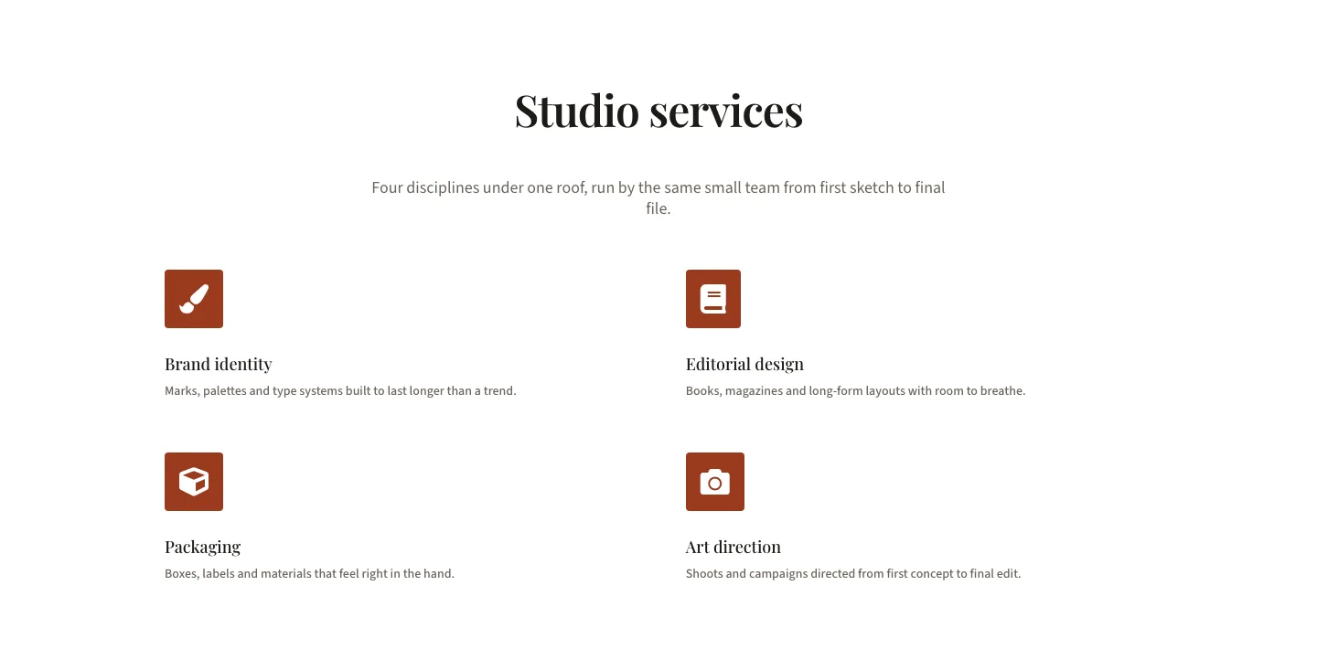 Minimal Design Studio Services Cards Layout for Divi 5: Four Icon Blurbs, Agency Cards layout built with Divi 5, desktop screenshot