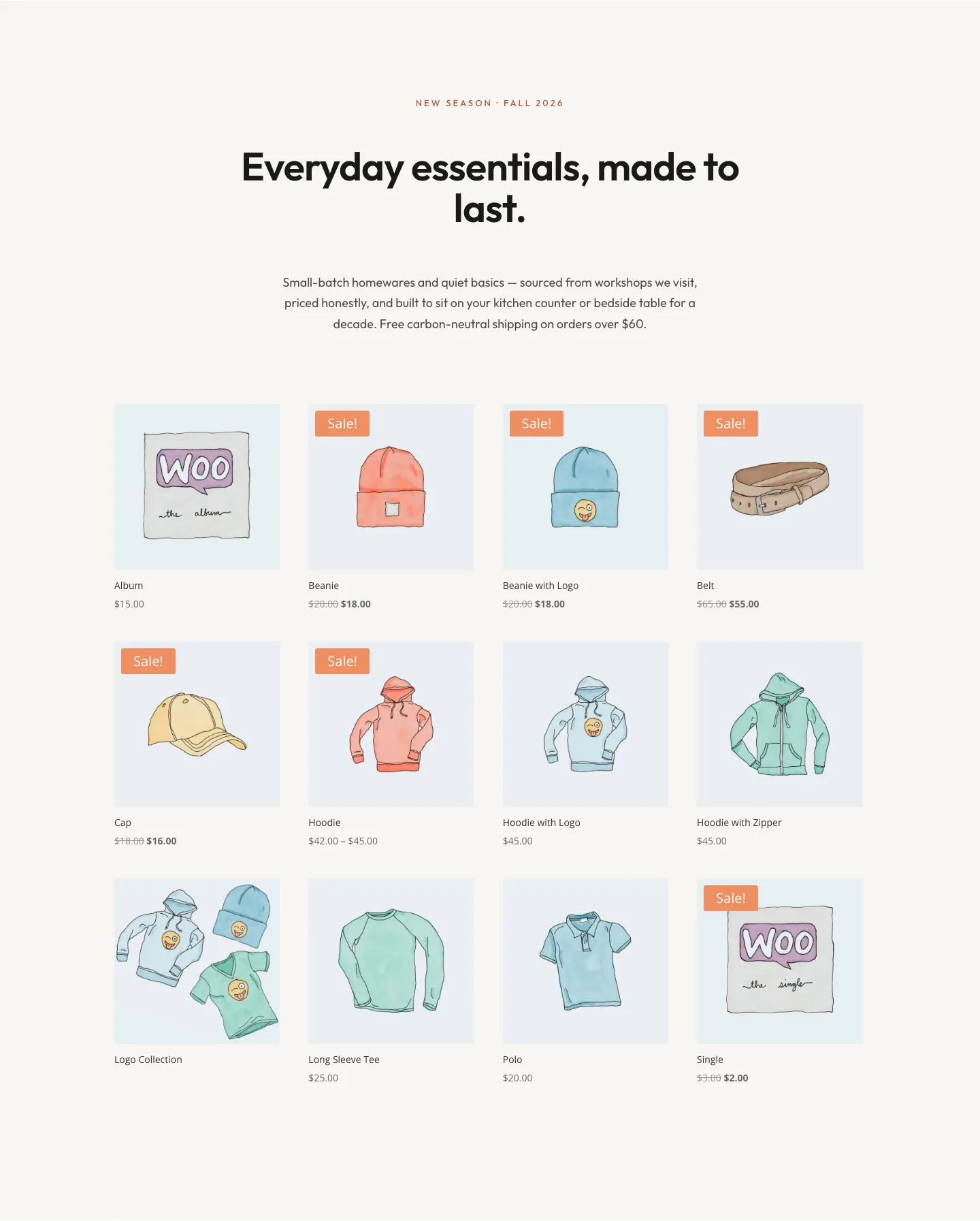 Minimal Ecommerce Shop Grid Layout for Divi 5 — North Field Essentials — E-commerce Shop layout built with Divi 5