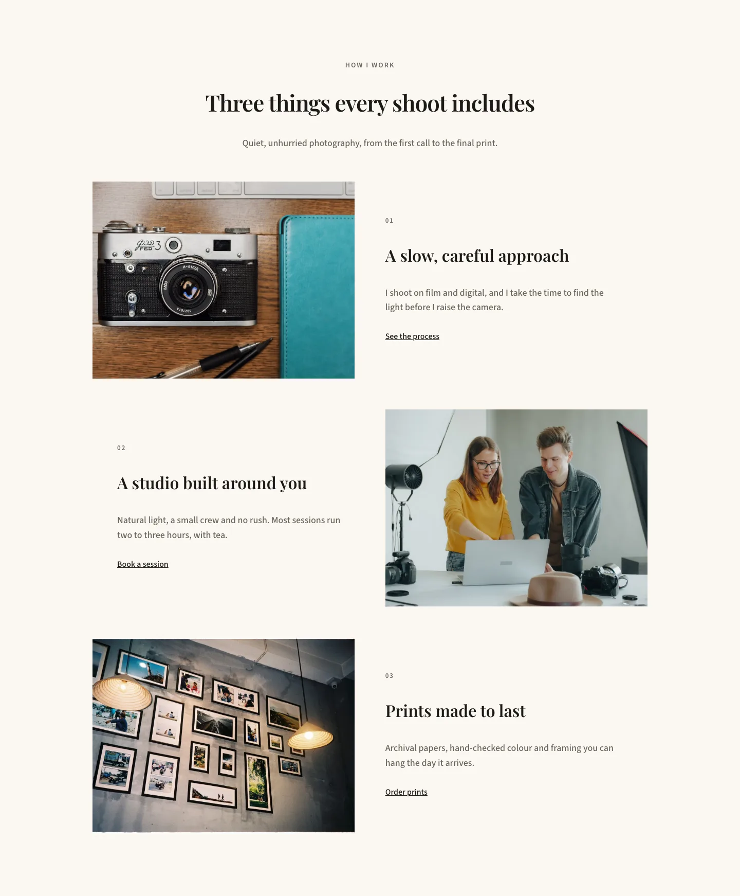 Minimal Photographer Portfolio Features Layout for Divi 5: Three Zigzag Rows, Portfolio Features layout built with Divi 5, desktop screenshot