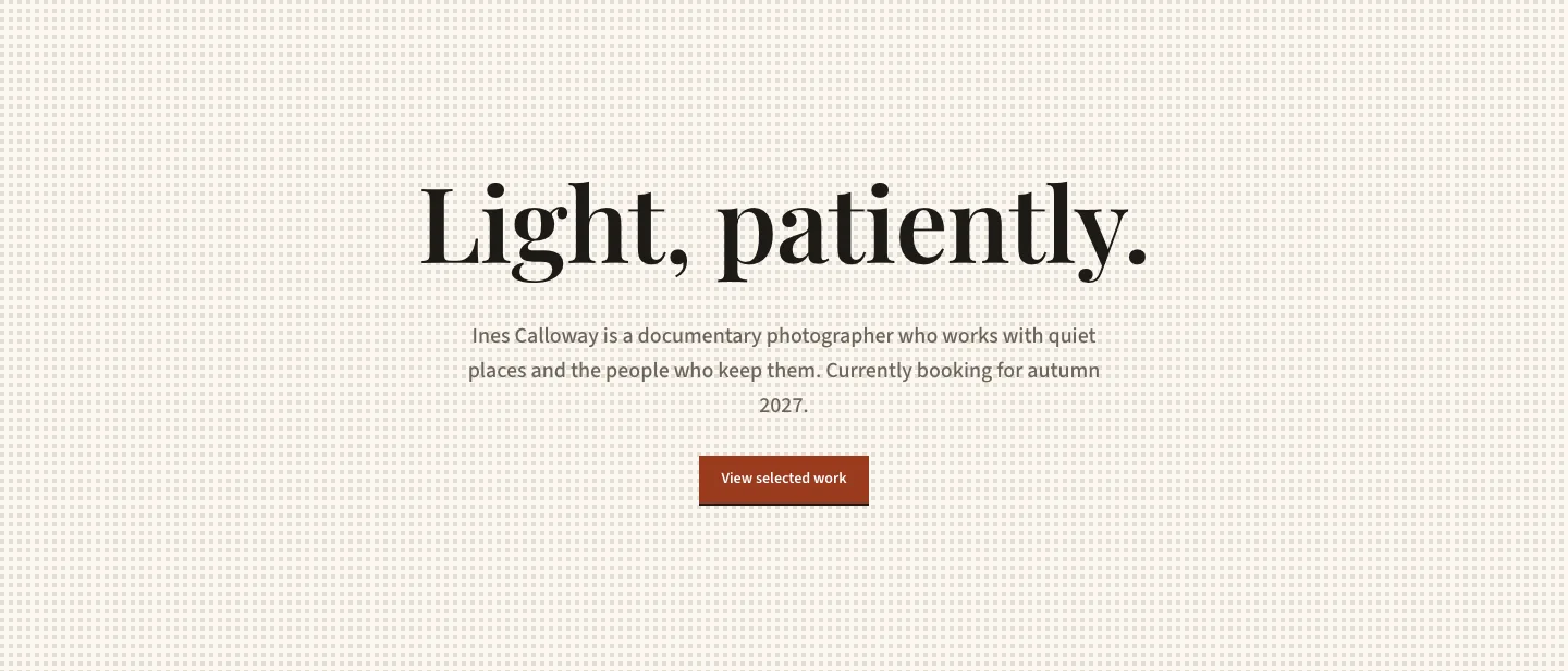 Minimal Photographer Portfolio Hero Section for Divi 5: Editorial Layout, Portfolio Hero layout built with Divi 5, desktop screenshot