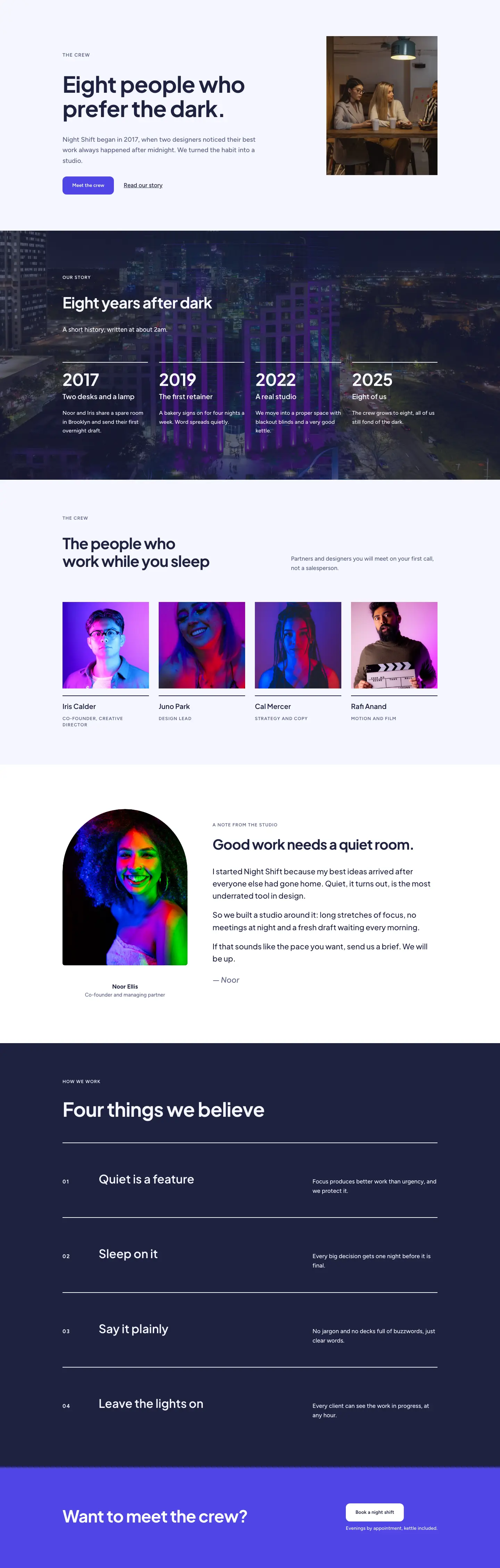 Night Shift Studio — Minimal Creative_agency The Crew Page for Divi 5, Creative Agency Full Landing layout built with Divi 5, desktop screenshot