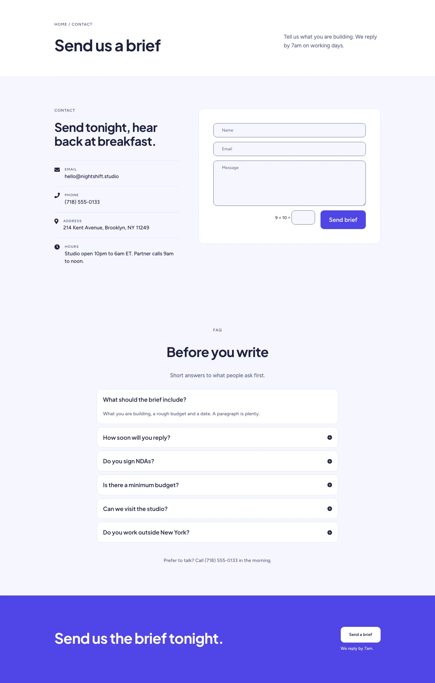 Night Shift Studio — Minimal Creative_agency Contact Page for Divi 5, Creative Agency Full Landing layout built with Divi 5, desktop screenshot