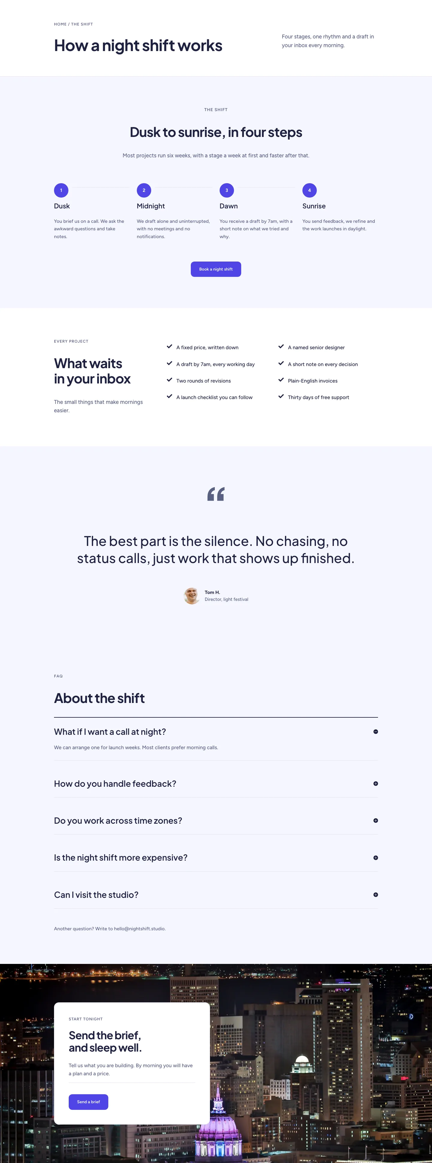 Night Shift Studio — Minimal Creative_agency Process Page for Divi 5, Creative Agency Full Landing layout built with Divi 5, desktop screenshot