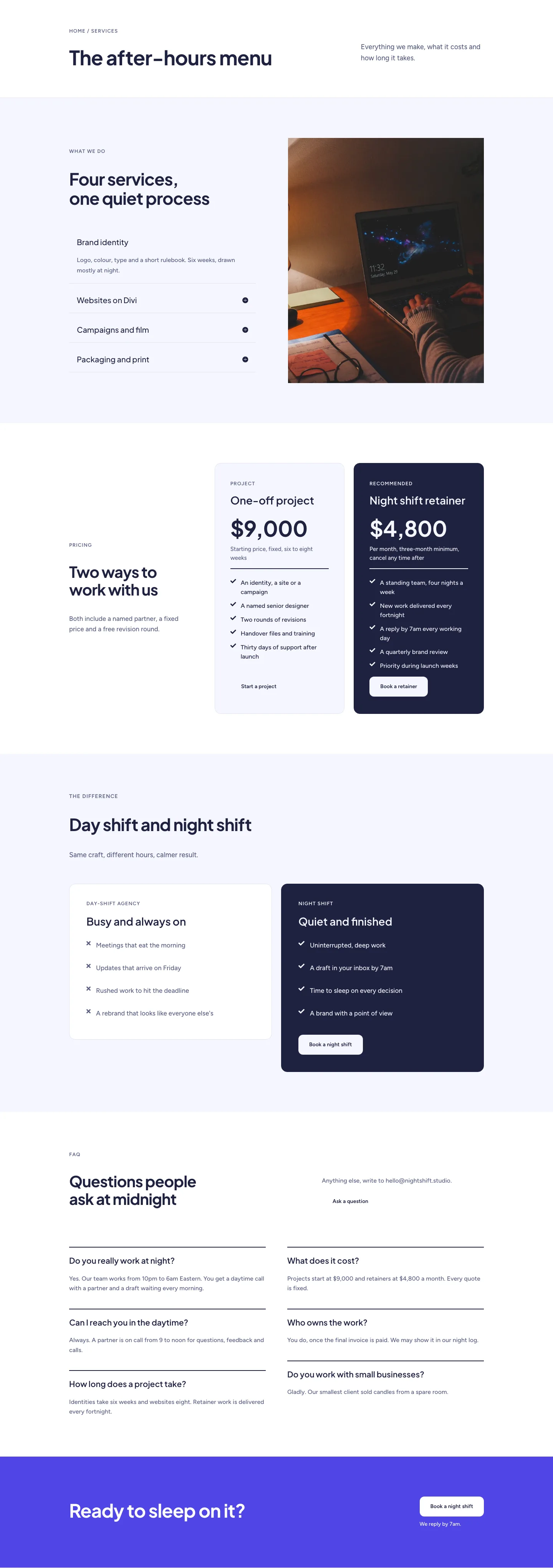 Night Shift Studio — Minimal Creative_agency Services Page for Divi 5, Creative Agency Full Landing layout built with Divi 5, desktop screenshot