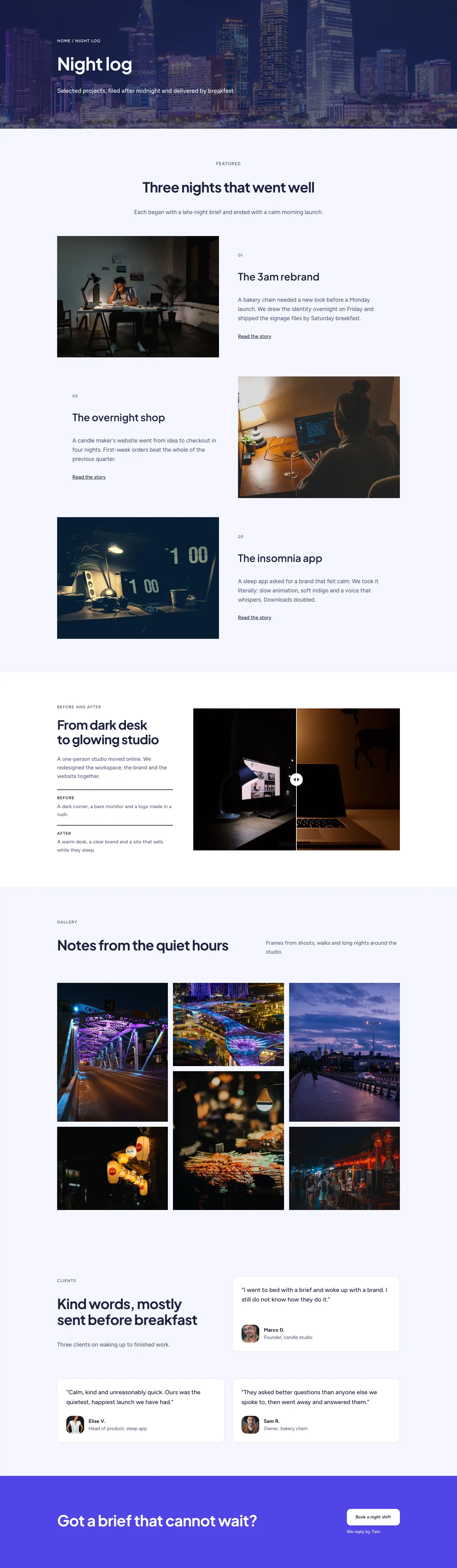 Night Shift Studio — Minimal Creative_agency Night Log Page for Divi 5, Creative Agency Full Landing layout built with Divi 5, desktop screenshot