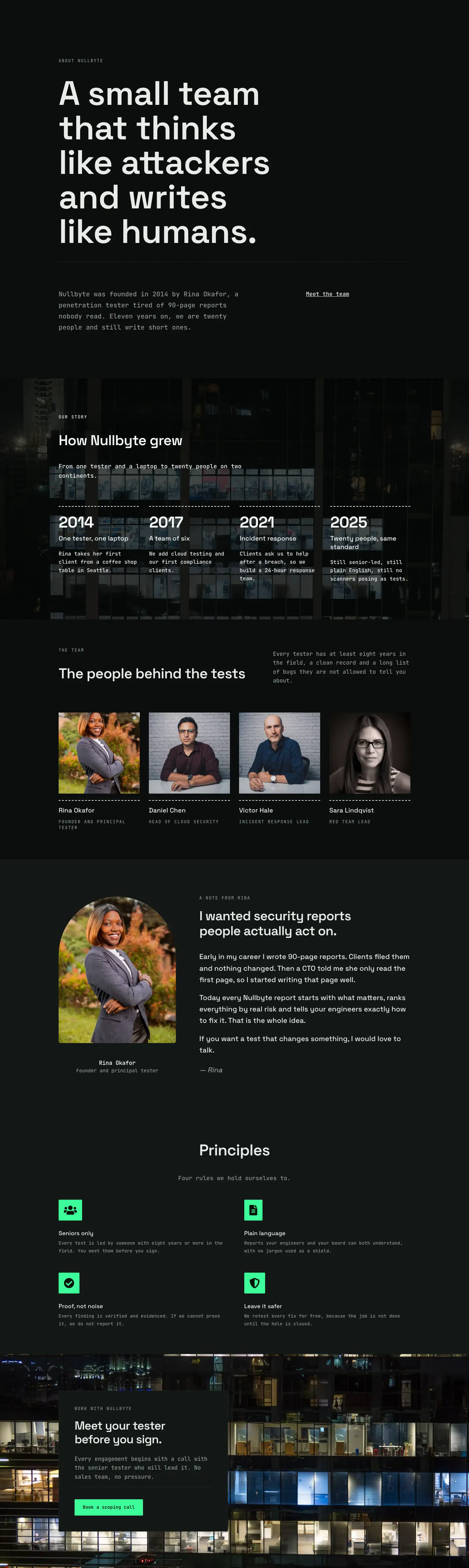 Nullbyte Security — Dark Cybersecurity About Page for Divi 5, Cybersecurity Full Landing layout built with Divi 5