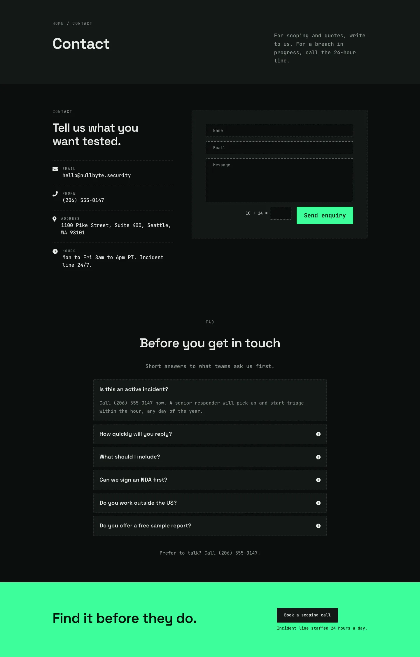 Nullbyte Security — Dark Cybersecurity Contact Page for Divi 5, Cybersecurity Full Landing layout built with Divi 5, desktop screenshot
