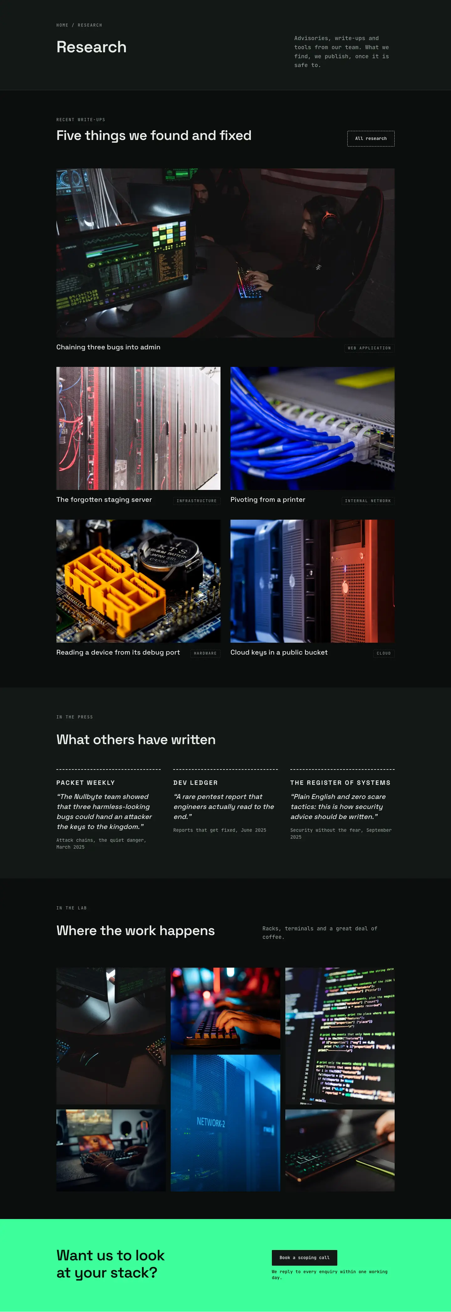 Nullbyte Security — Dark Cybersecurity Research Page for Divi 5, Cybersecurity Full Landing layout built with Divi 5, desktop screenshot