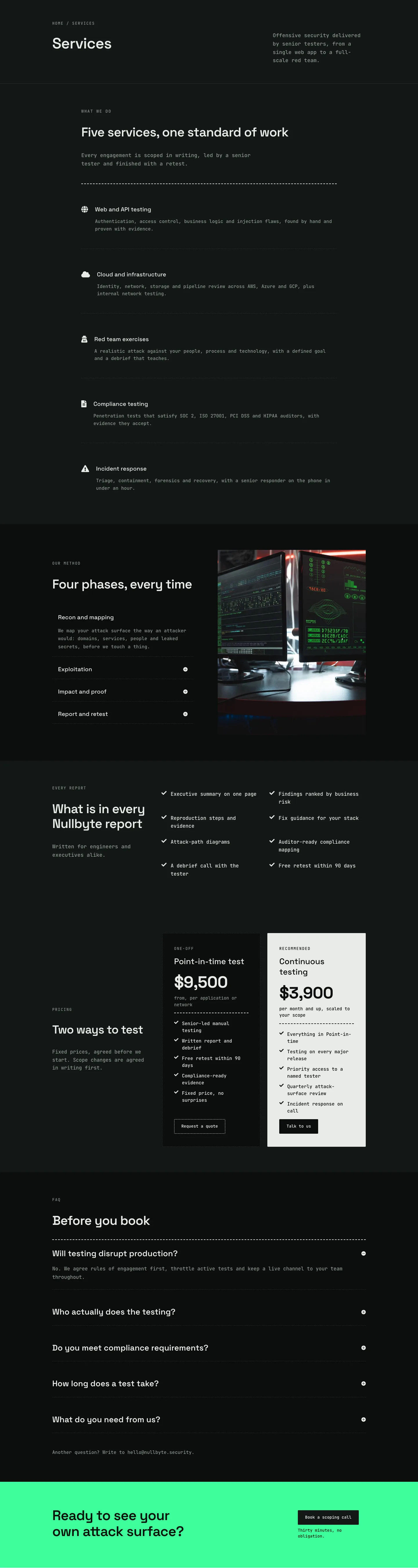 Nullbyte Security — Dark Cybersecurity Services Page for Divi 5, Cybersecurity Full Landing layout built with Divi 5