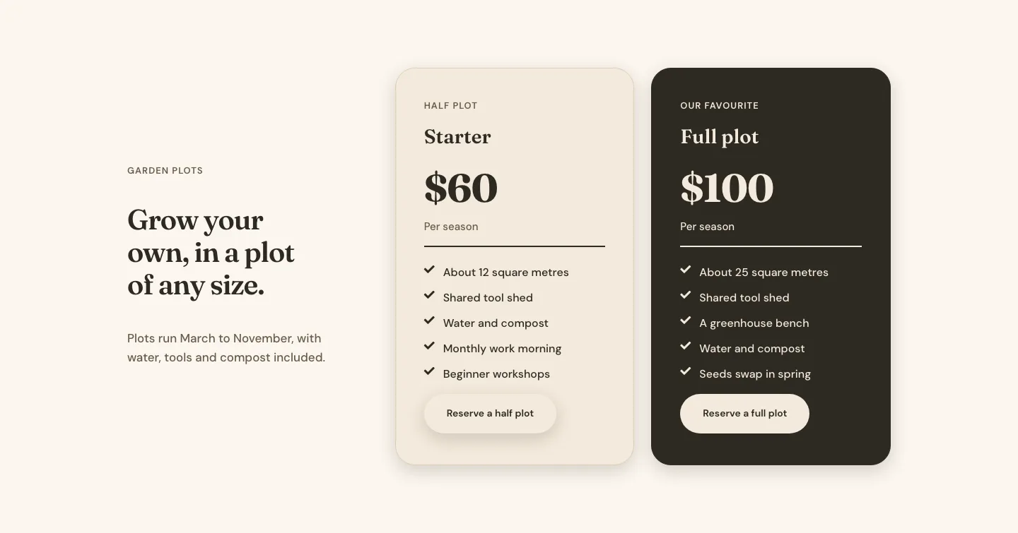 Organic Community Garden Pricing Section for Divi 5: Two-Plan Highlight, Nonprofit Pricing layout built with Divi 5, desktop screenshot