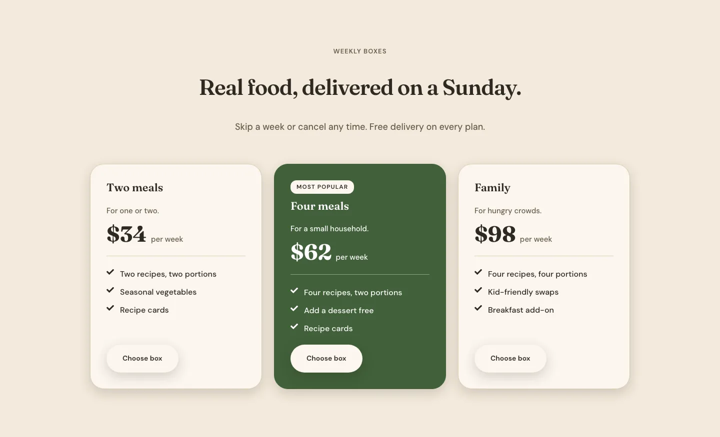 Organic Meal Box Pricing Section for Divi 5: Three-Tier Weekly Boxes, Restaurant Pricing layout built with Divi 5, desktop screenshot
