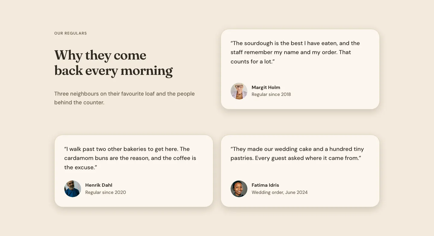Organic Neighbourhood Bakery Testimonials Layout for Divi 5: Three Regulars, Restaurant Testimonials layout built with Divi 5, desktop screenshot