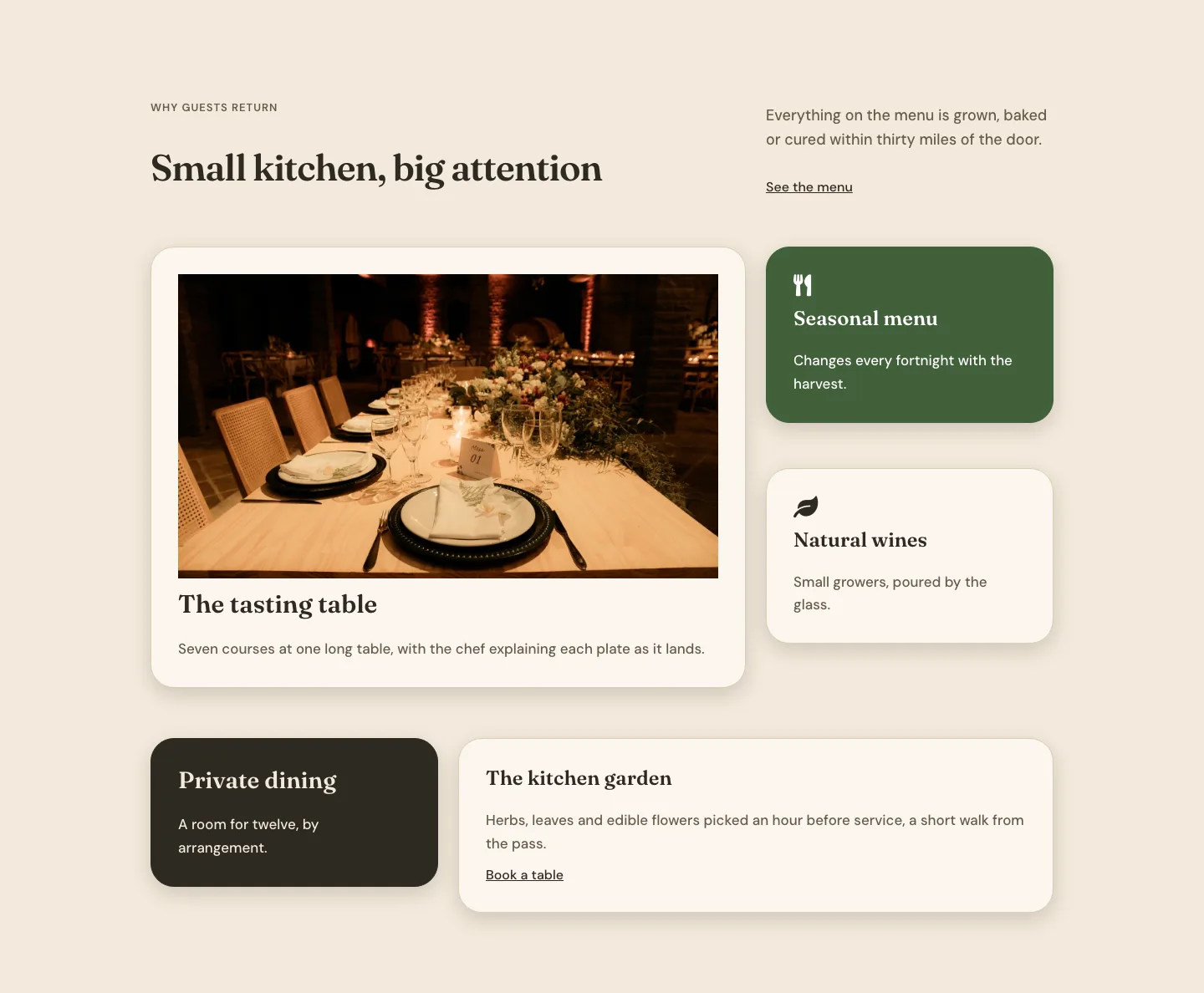 Organic Restaurant Feature Cards Bento Layout for Divi 5: Tasting Table, Restaurant Cards layout built with Divi 5, desktop screenshot