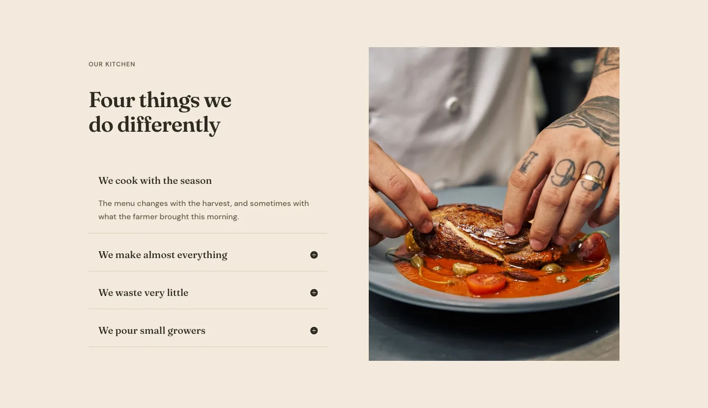 Organic Restaurant Kitchen Values Features Layout for Divi 5: Accordion with Image, Restaurant Features layout built with Divi 5