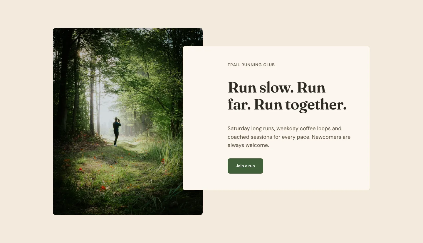 Organic Trail Running Club Hero Section for Divi 5: Fitness Overlap Layout, Fitness Hero layout built with Divi 5, desktop screenshot